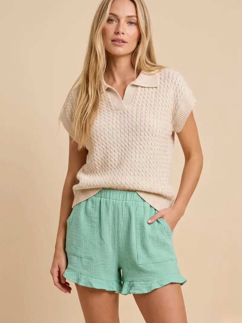 Cable Knit Short Sleeve V Neck Collar Sweater Top