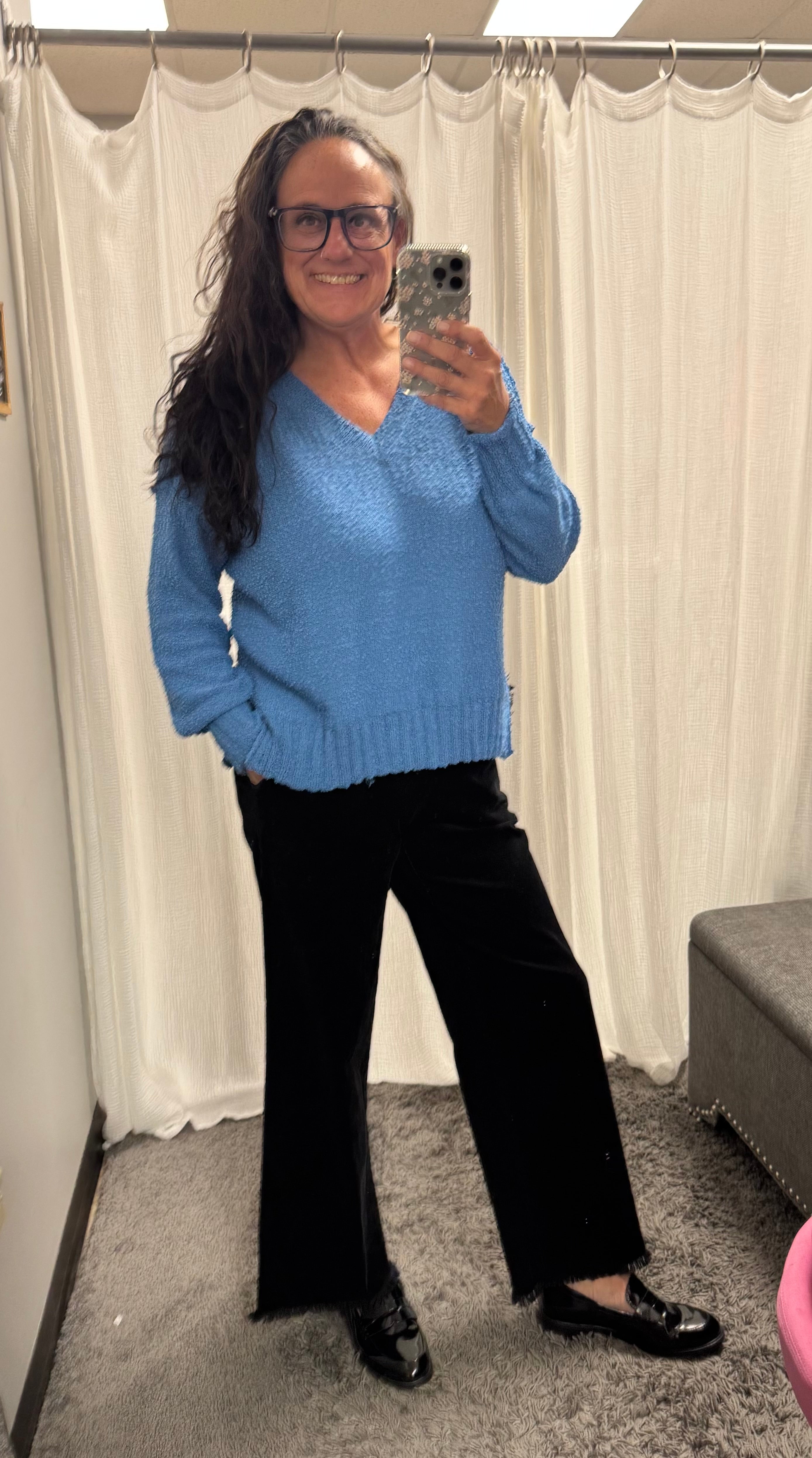 Dusty Blue Solid V-Neck Long Sleeve Sweater