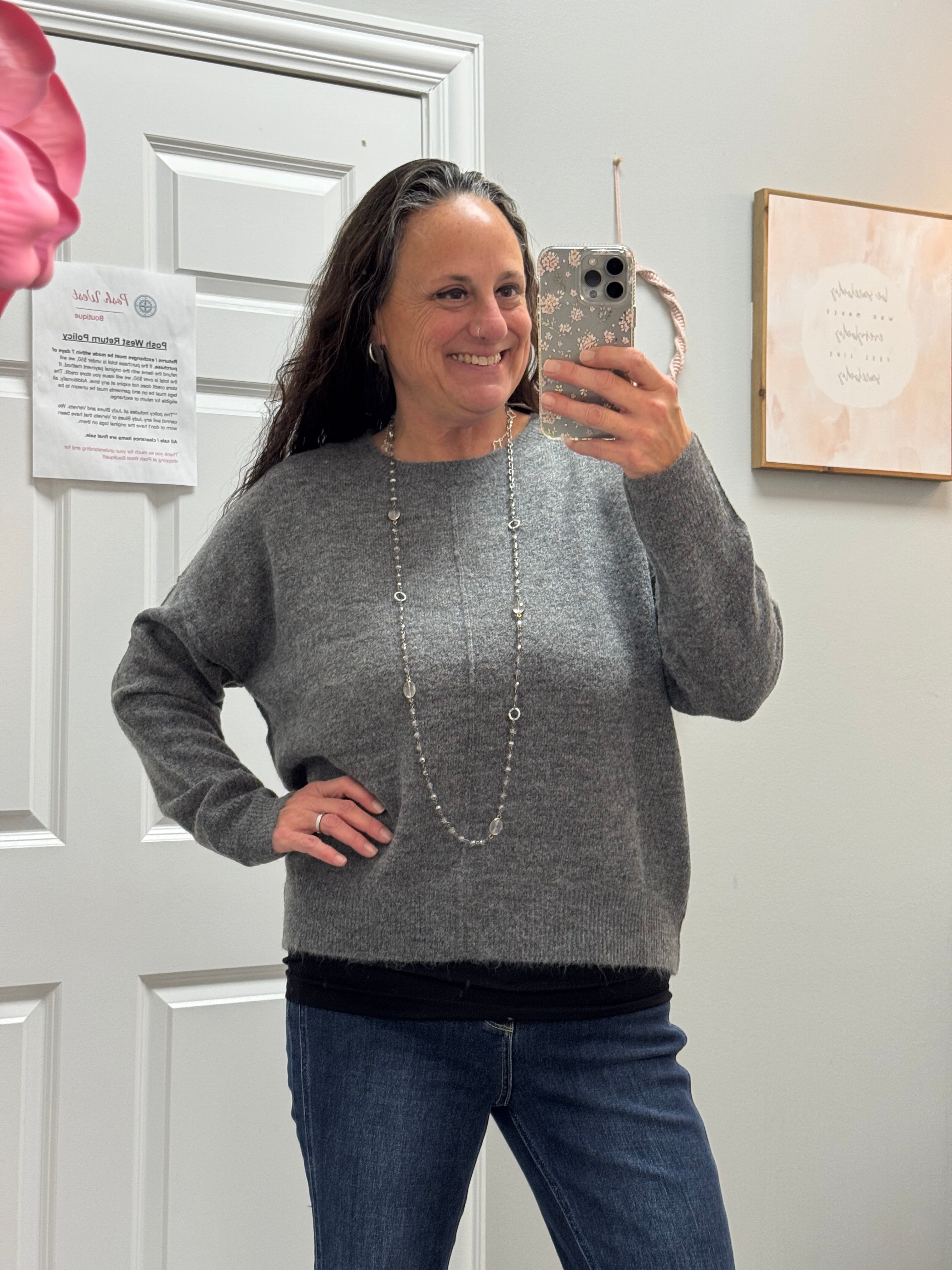 Dark Grey Crewneck Front Seam Sweater