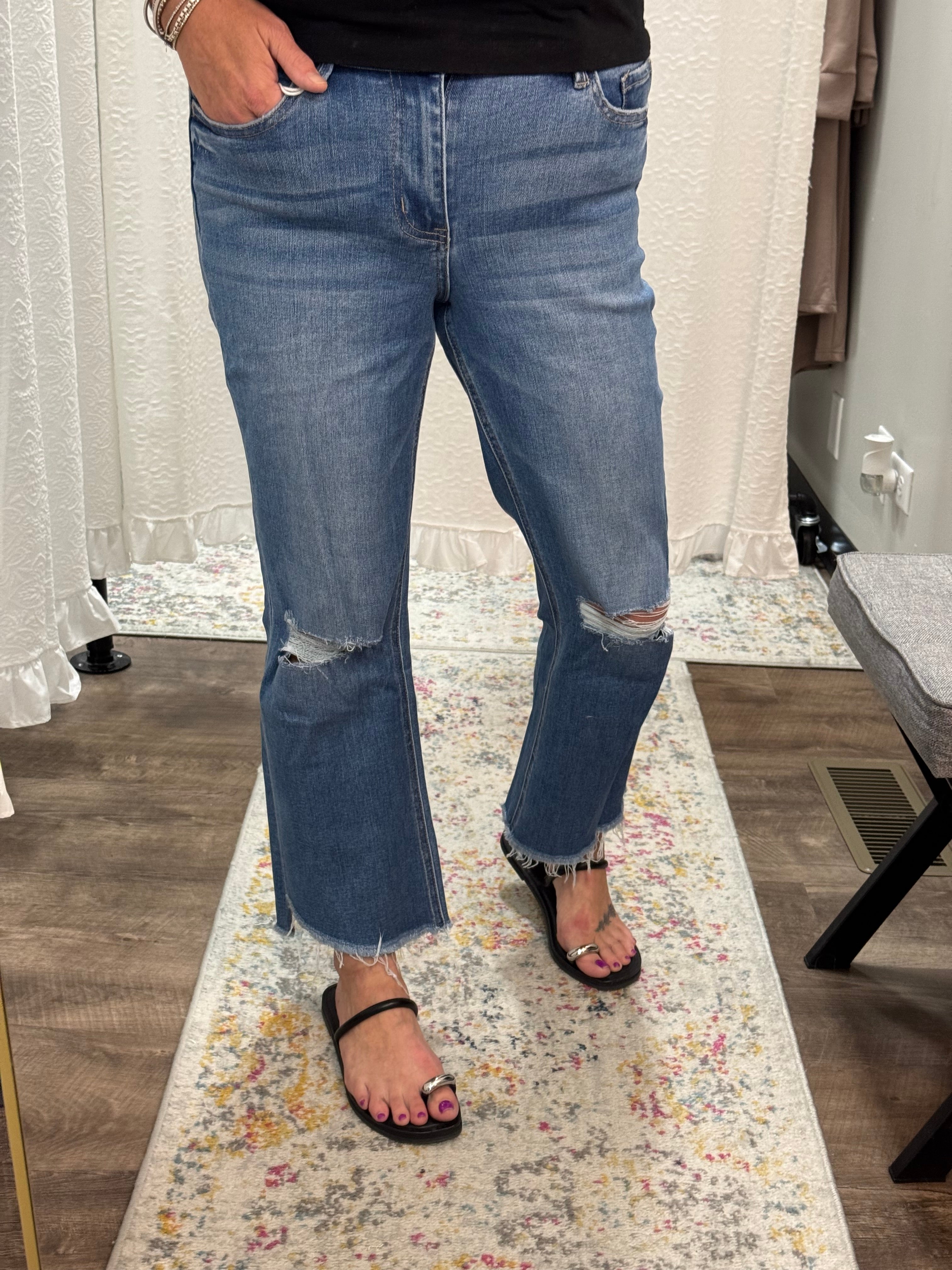 Vervet Mid Rise Raw Step Hem Kick Flare Jeans - Posh West Boutique