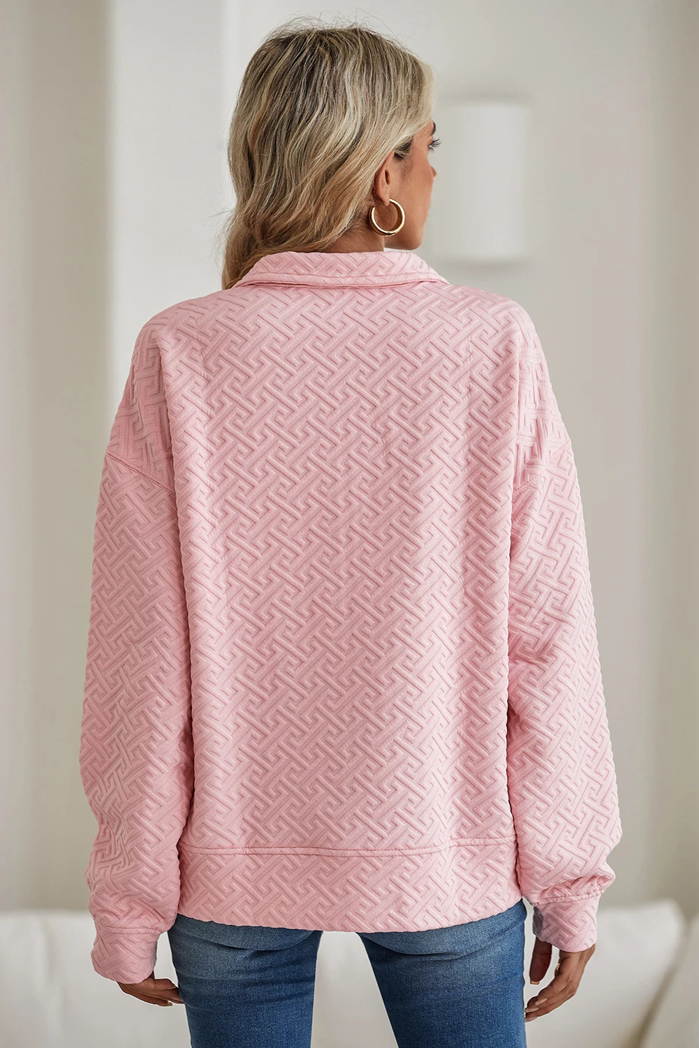 Light Pink Textured Half Zip Collared Sweatshirt - Posh West Boutique