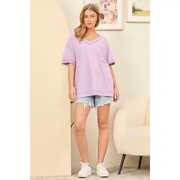 Lilac Raw Edge Cotton V Neck Top
