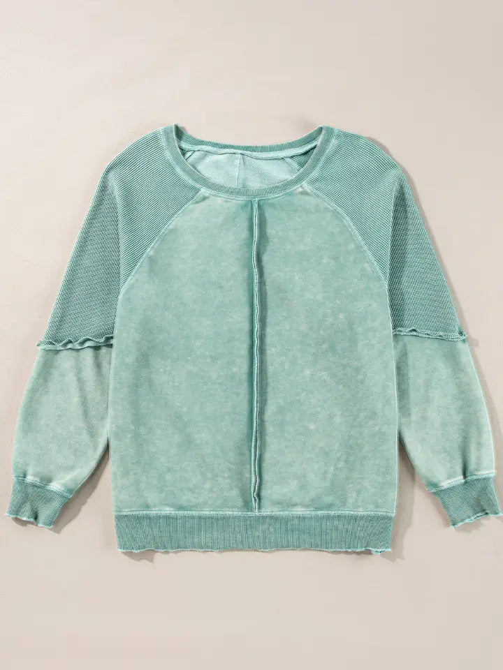 Mineral Blue Solid Waffle Knit Patchwork Raglan Sleeve - Posh West Boutique