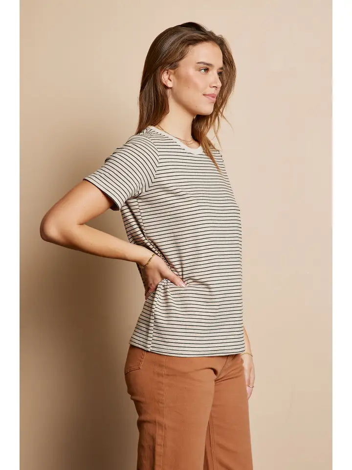 Oatmeal & Black Stripe Short Sleeve Knit Top