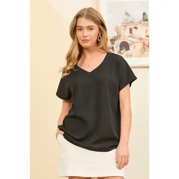 Black Casual Thick Ribbed V Neck Top - Posh West Boutique