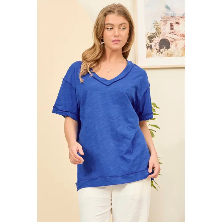 Royal Blue Raw Edge V Neck Top - Posh West Boutique