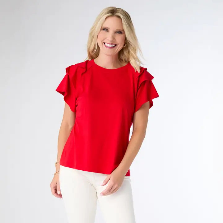 Red Mandy Cap Sleeve Ruffle Tee - Posh West Boutique