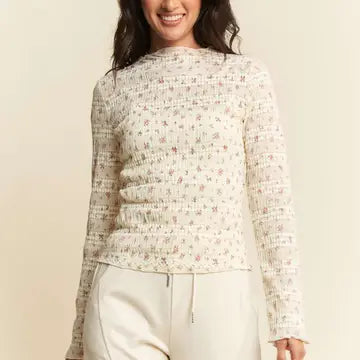 Cream Floral Print Mock Neck Long Sleeves Knit Top - Posh West Boutique