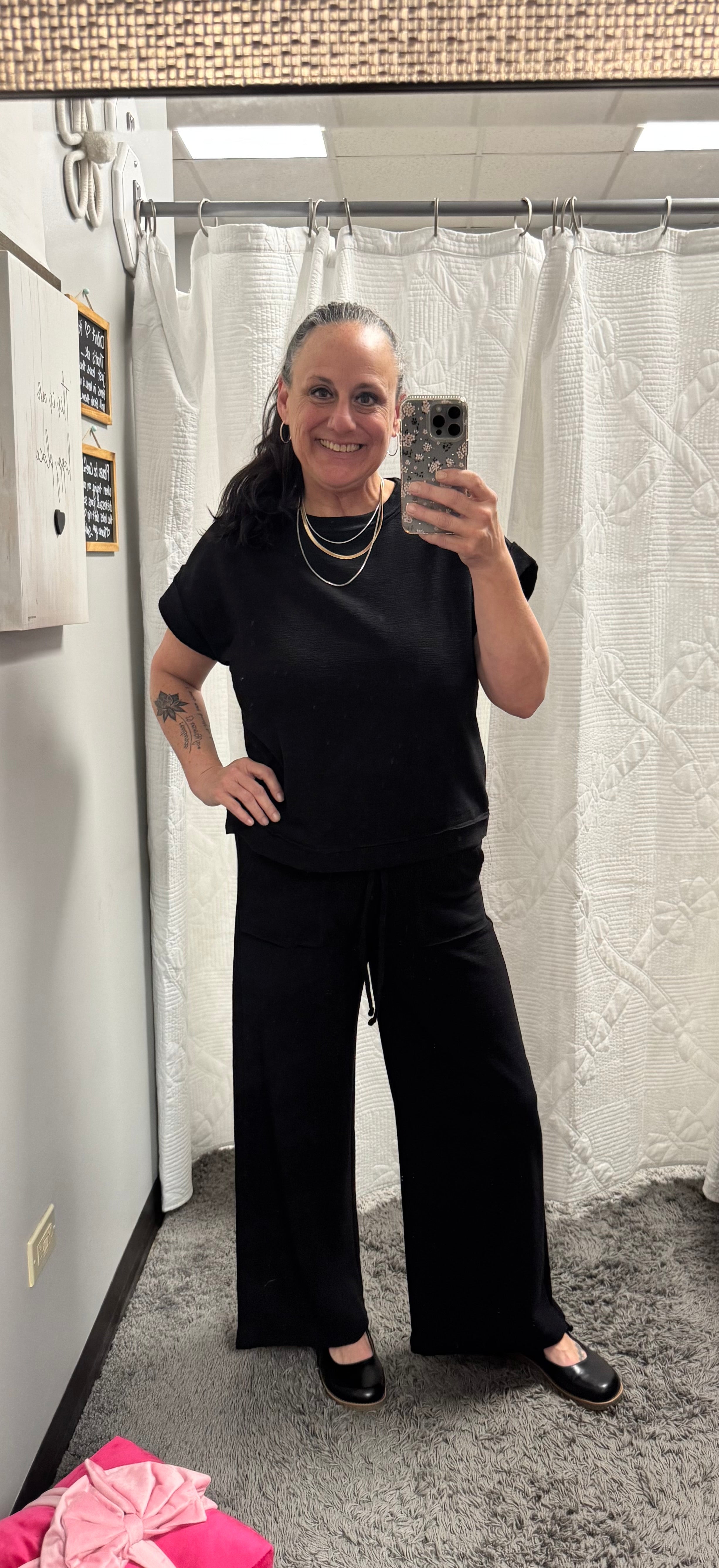 Black Cotton Slub Short Sleeve Tee & Long Pants Set - Posh West Boutique