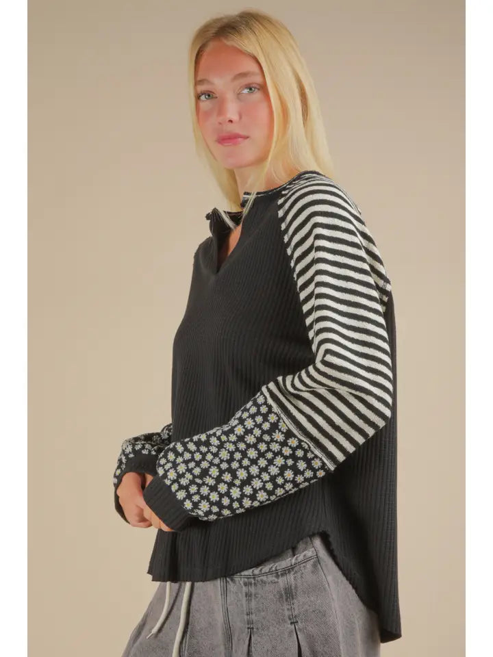 Black Oversized Floral & Stripe Casual Knit Top - Posh West Boutique