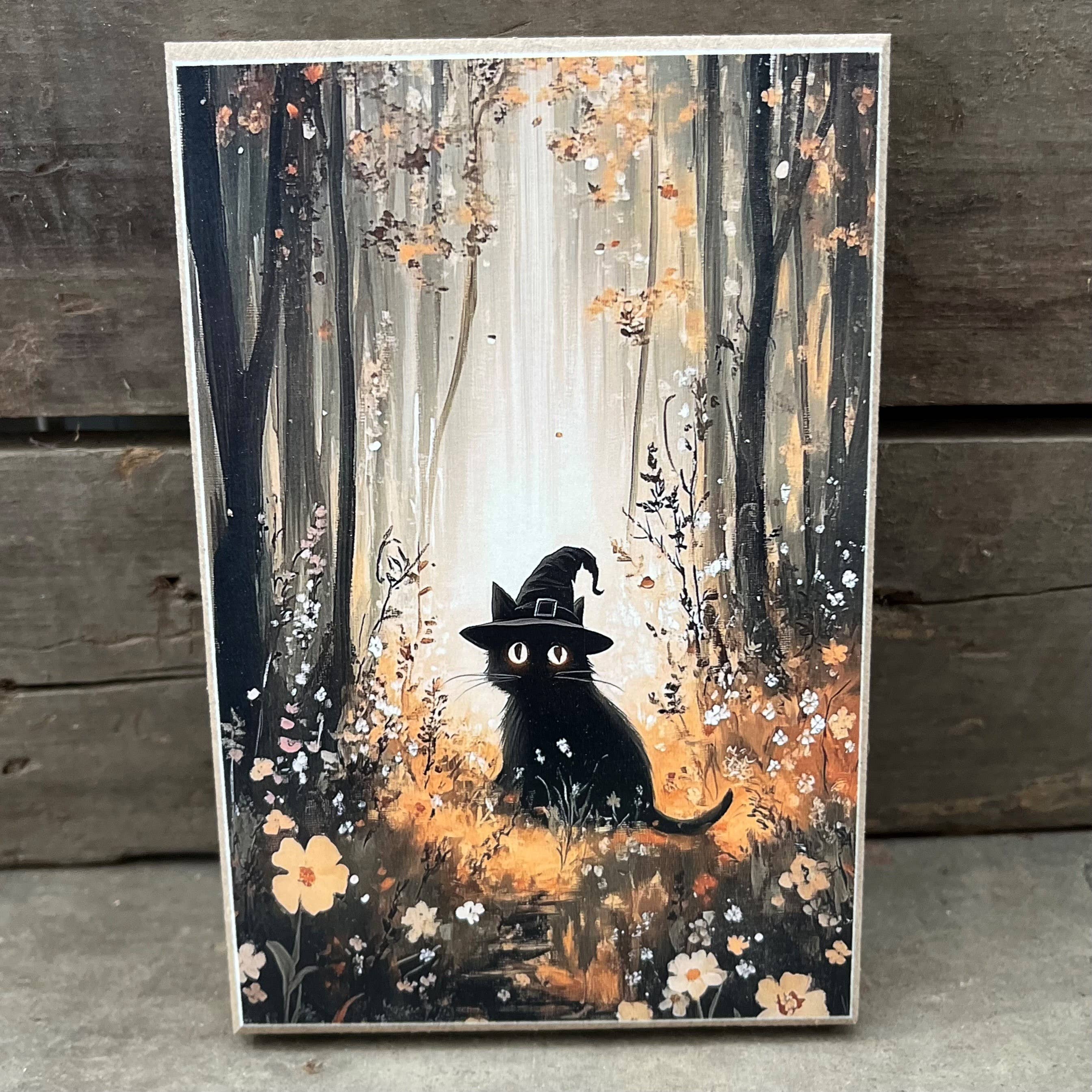Fall Black Cat Witch Wood Block