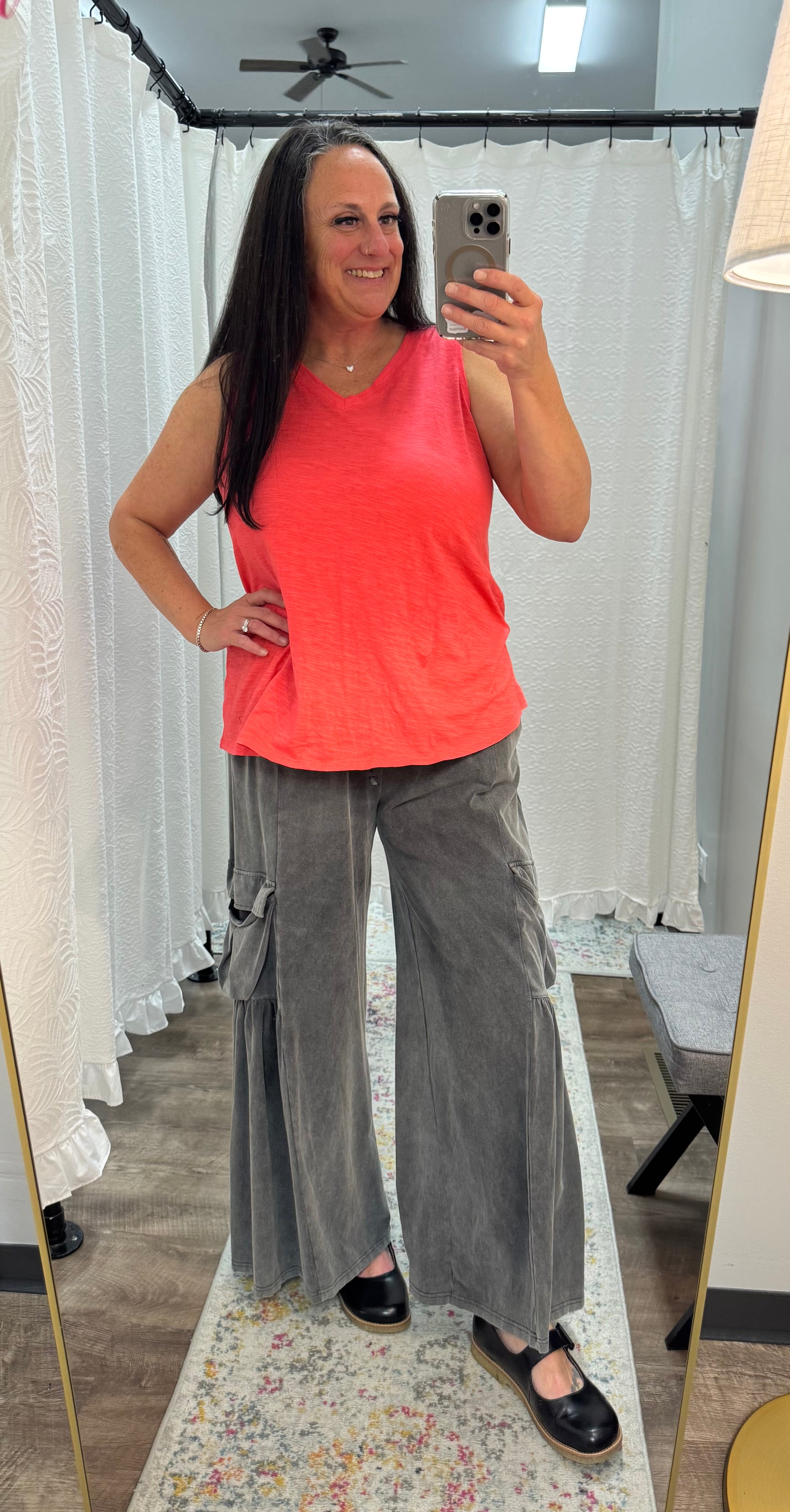 Hot Coral V Neck Cotton Tank Top - Posh West Boutique