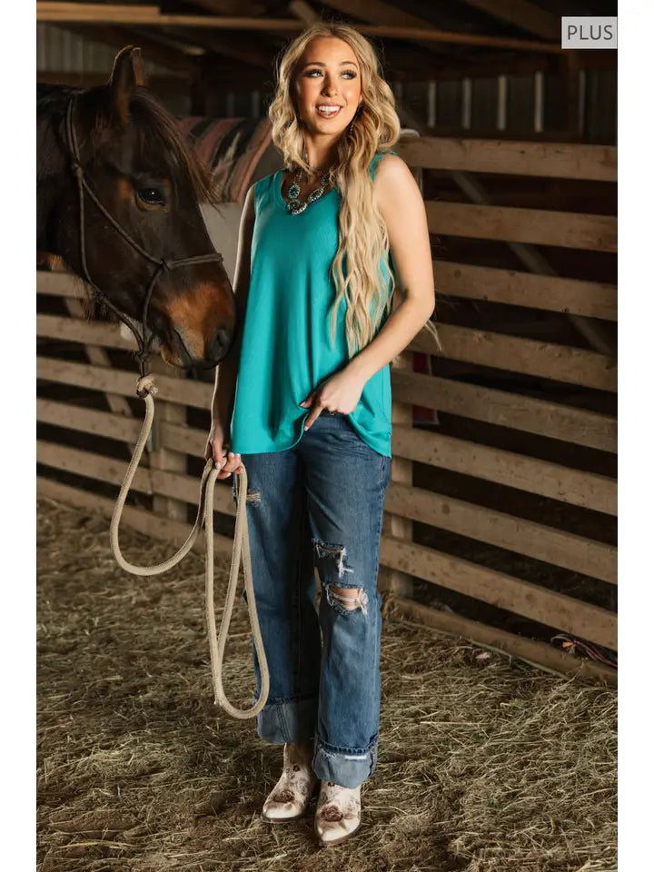 Emerald Ribbed Tank Top w/ Raw Edge Detail - Posh West Boutique