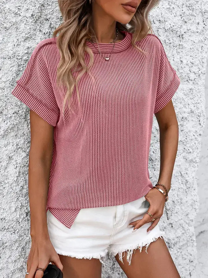 Pink Textured Short Sleeve Top