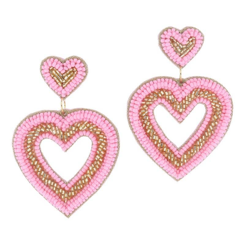 Gold & Light Pink Beaded Open Heart Earrings - Posh West Boutique