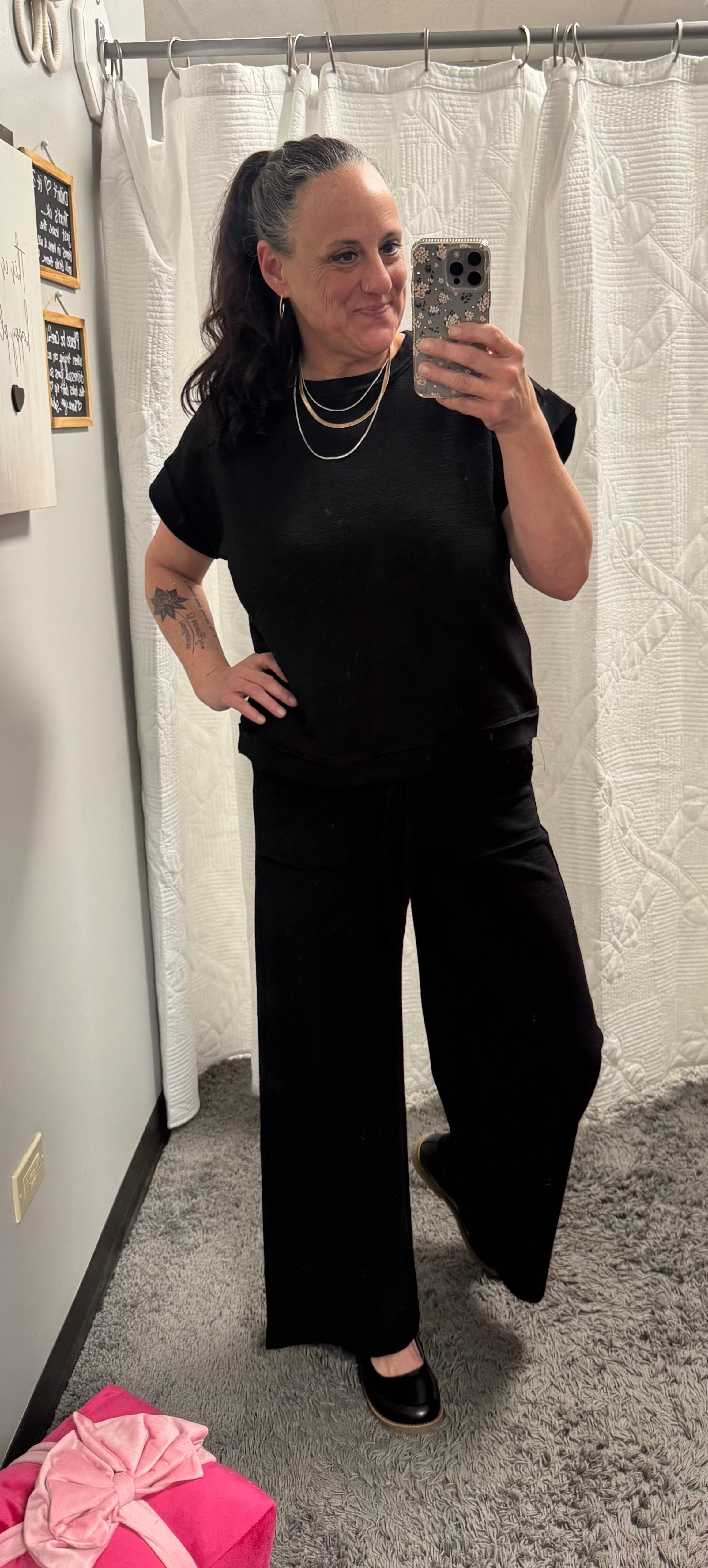 Black Cotton Slub Short Sleeve Tee & Long Pants Set - Posh West Boutique