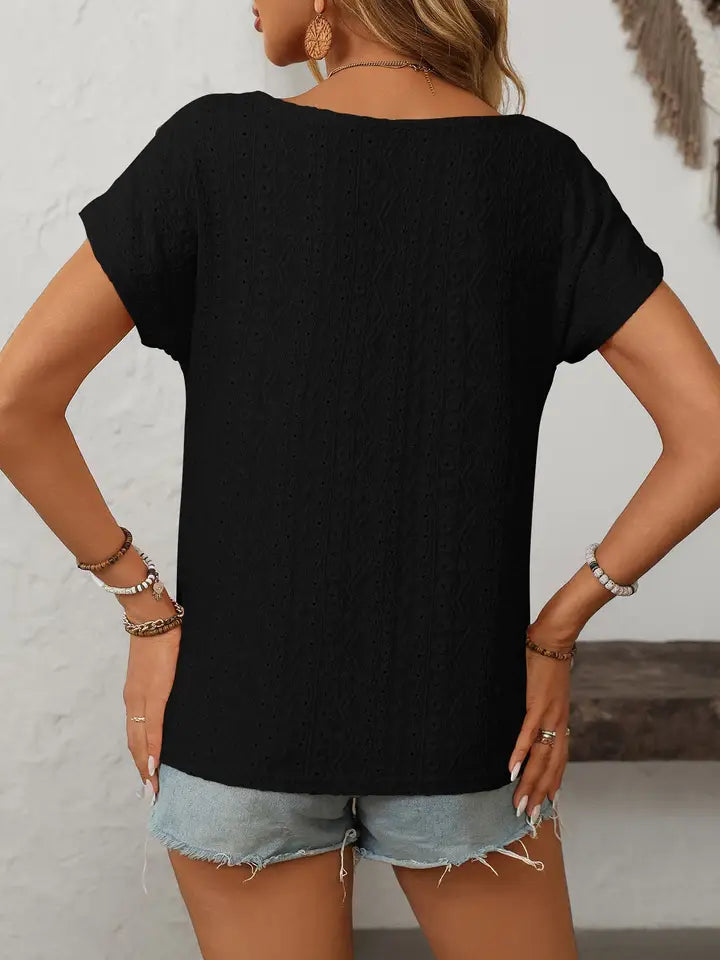 Black Solid Crewneck Button Short-Sleeved Cut-Out Top