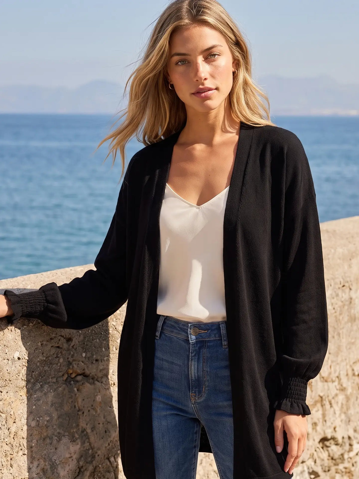 Black Open Front Smocked Sleeve Cardigan