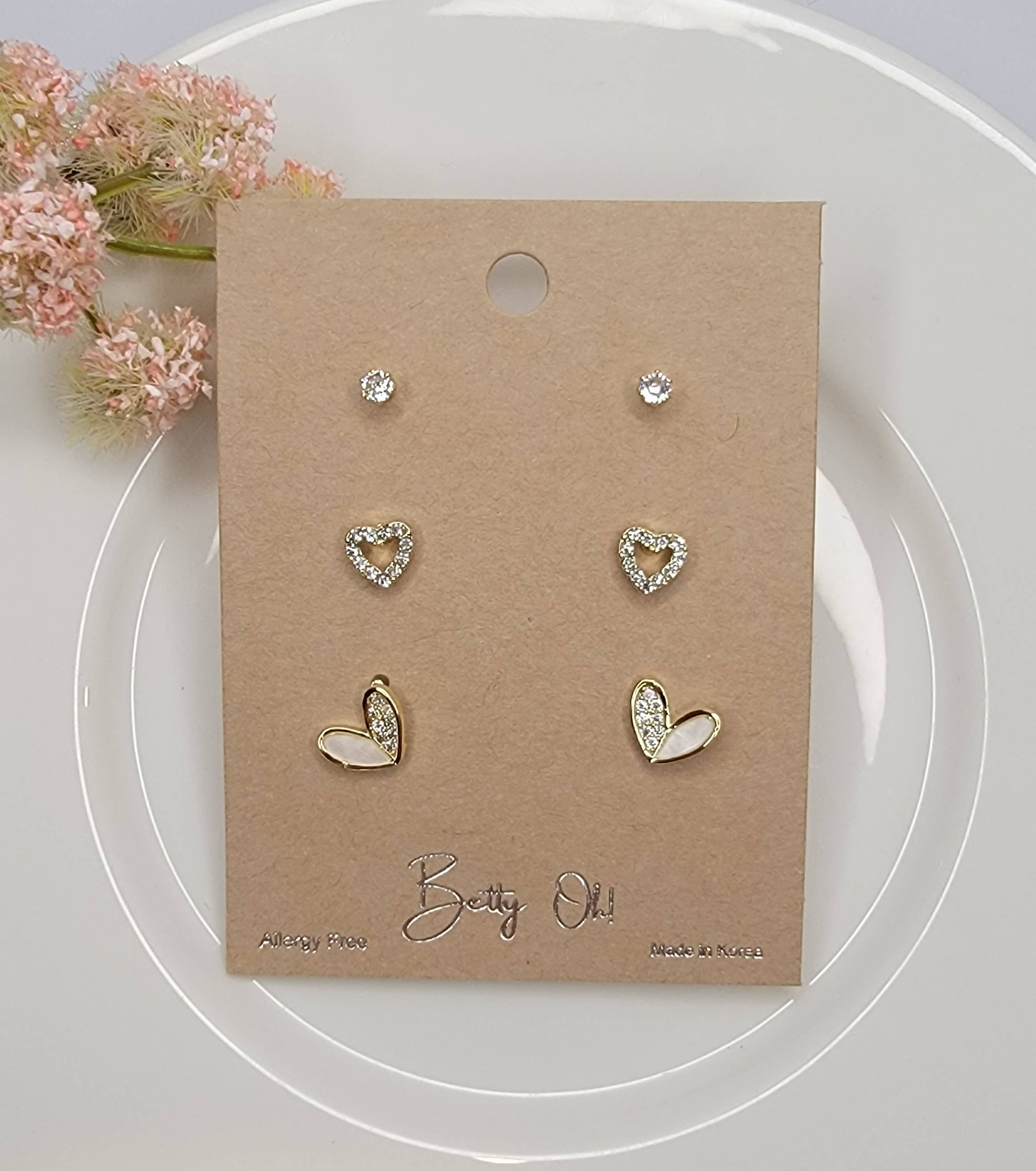 HEART DESIGN THREE PAIR SET POST EARRINGS.
