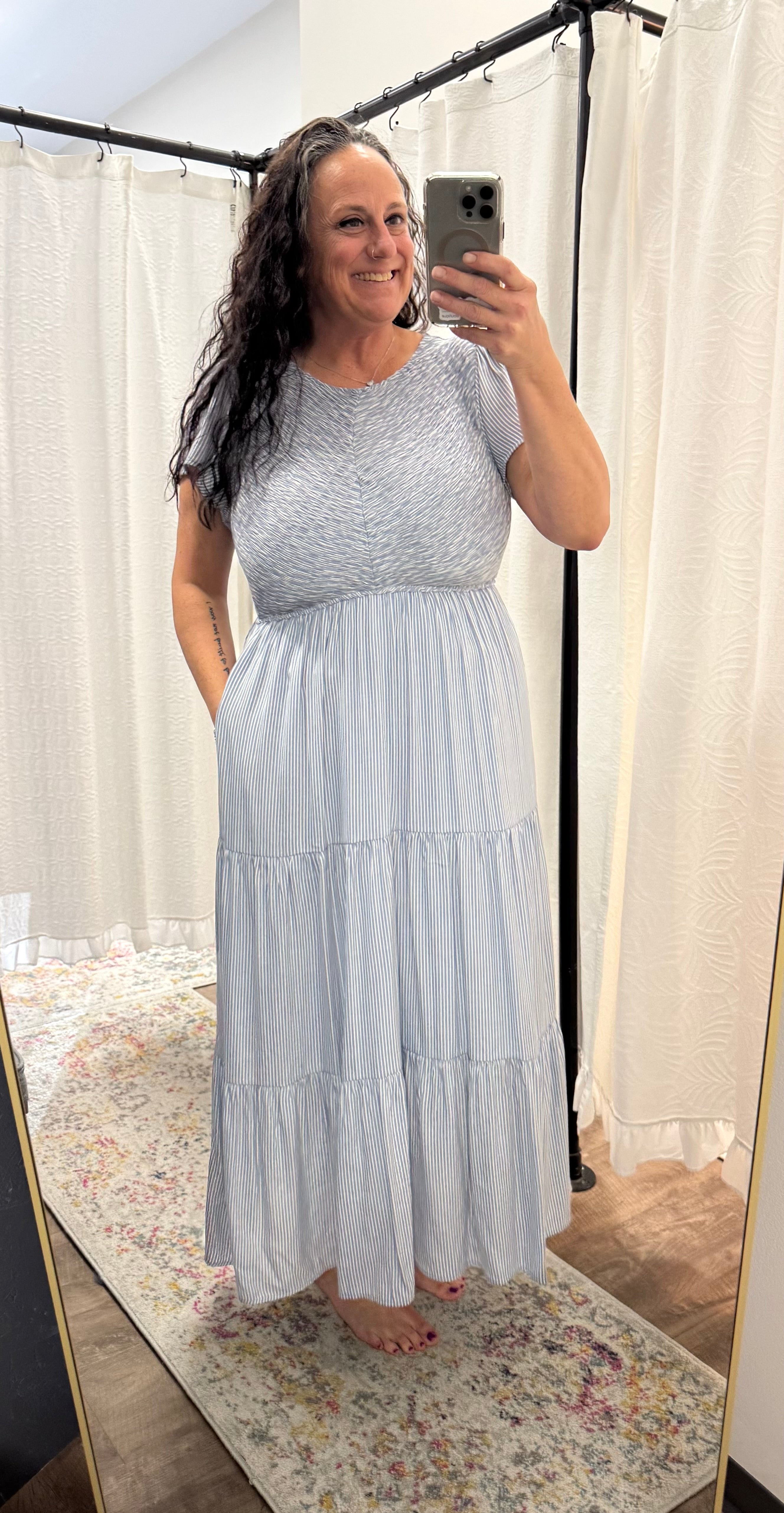 Smocked Bodice Striped Tiered Maxi
