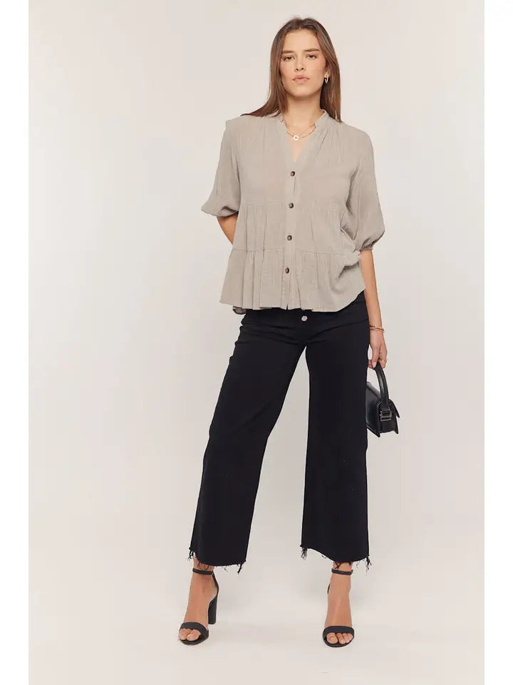 Blue Grey Tiered Button Down Top