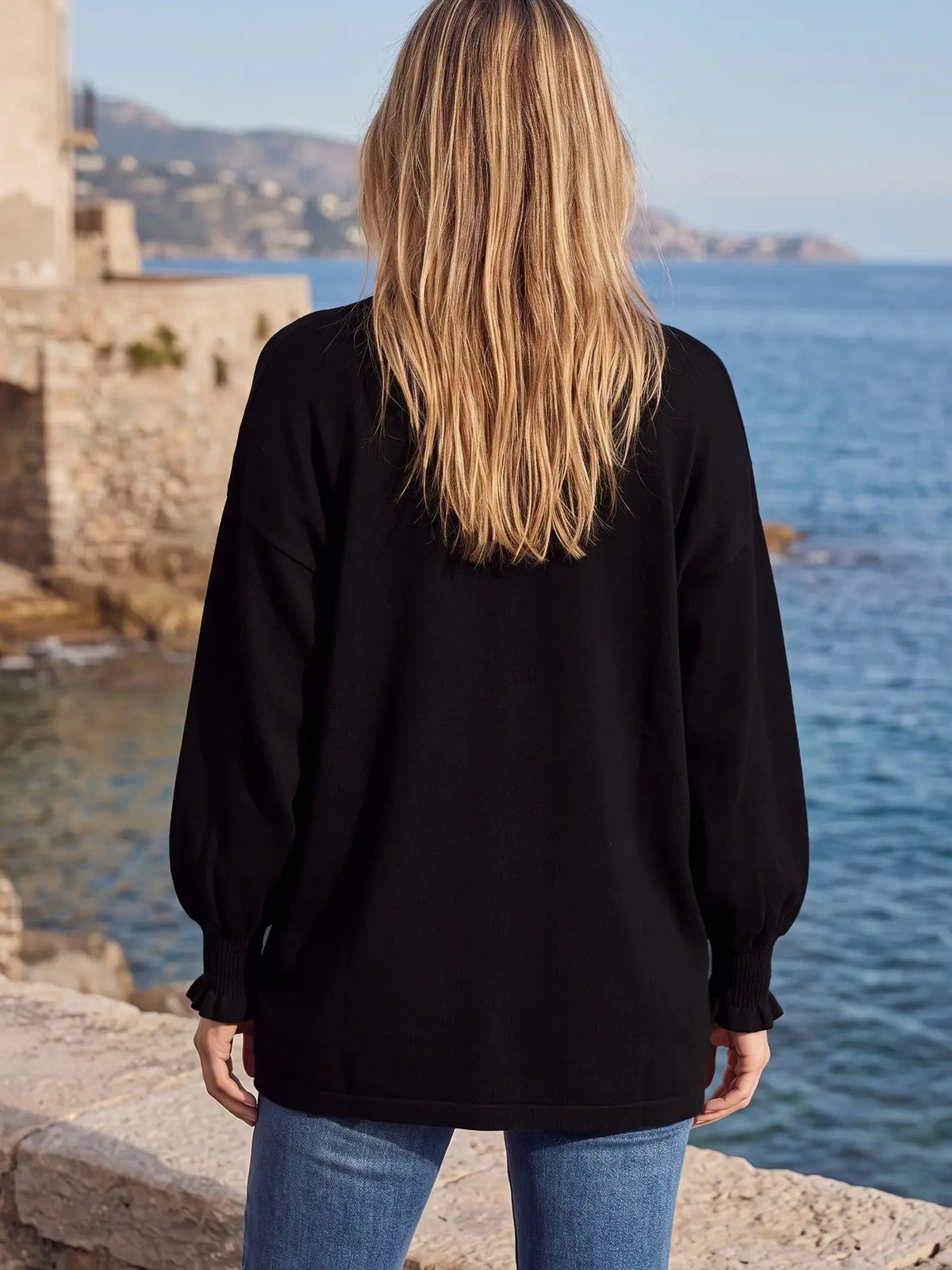 Black Open Front Smocked Sleeve Cardigan