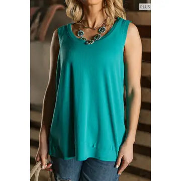 Emerald Ribbed Tank Top w/ Raw Edge Detail - Posh West Boutique