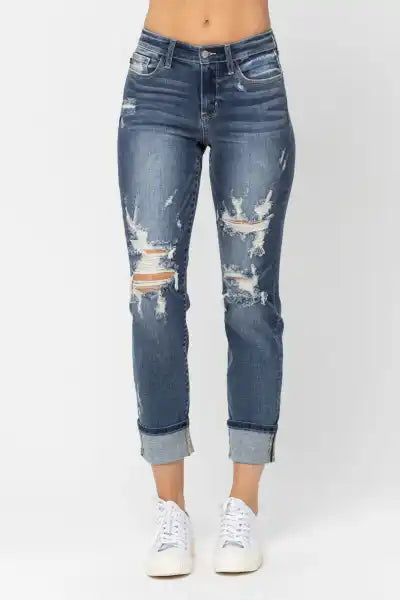 Judy Blue Mid Rise Destroyed Boyfriend Jeans - Posh West Boutique