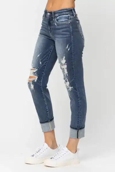 Judy Blue Mid Rise Destroyed Boyfriend Jeans - Posh West Boutique