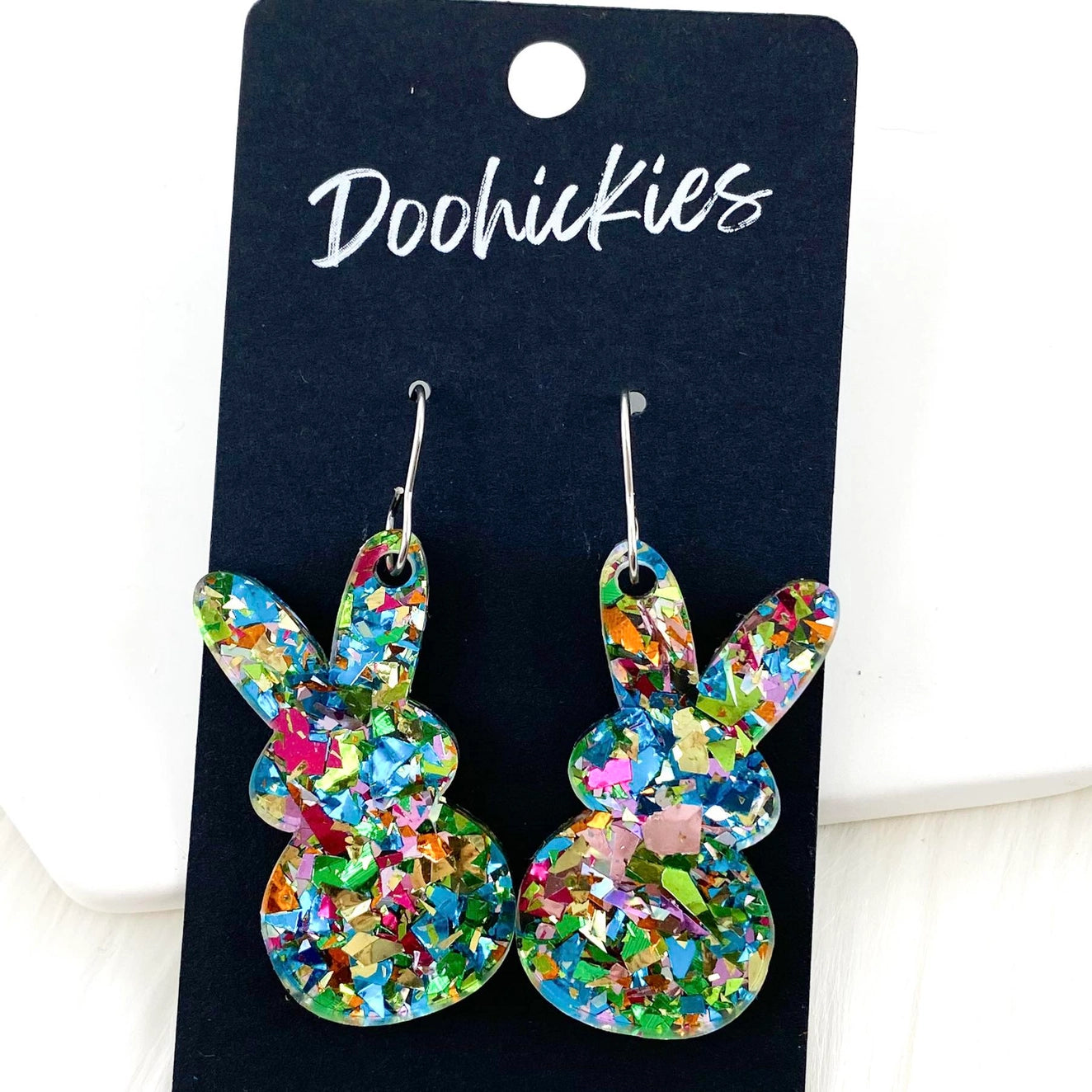 Doohickies Teal Glitter Easter Bunny Earrings