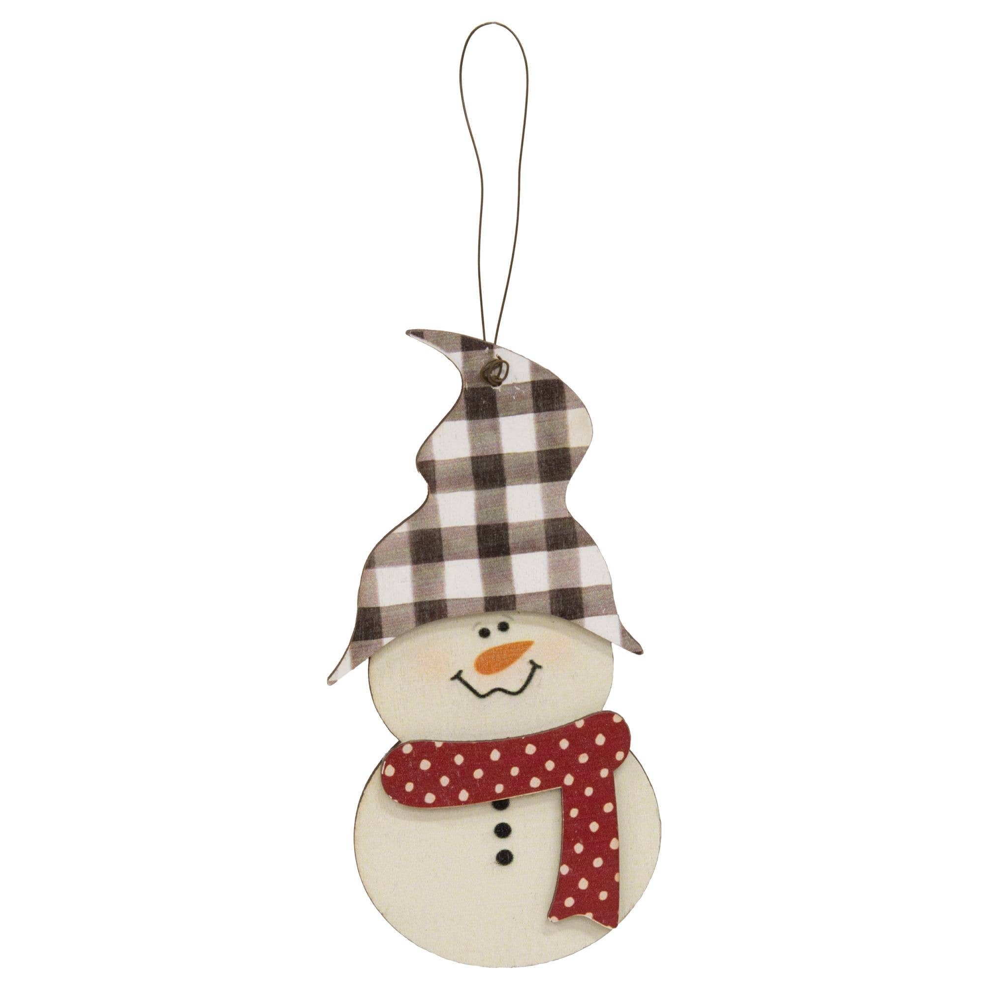 Wooden Buffalo Check Hat Snowman Ornaments, 3 Styles - Posh West Boutique