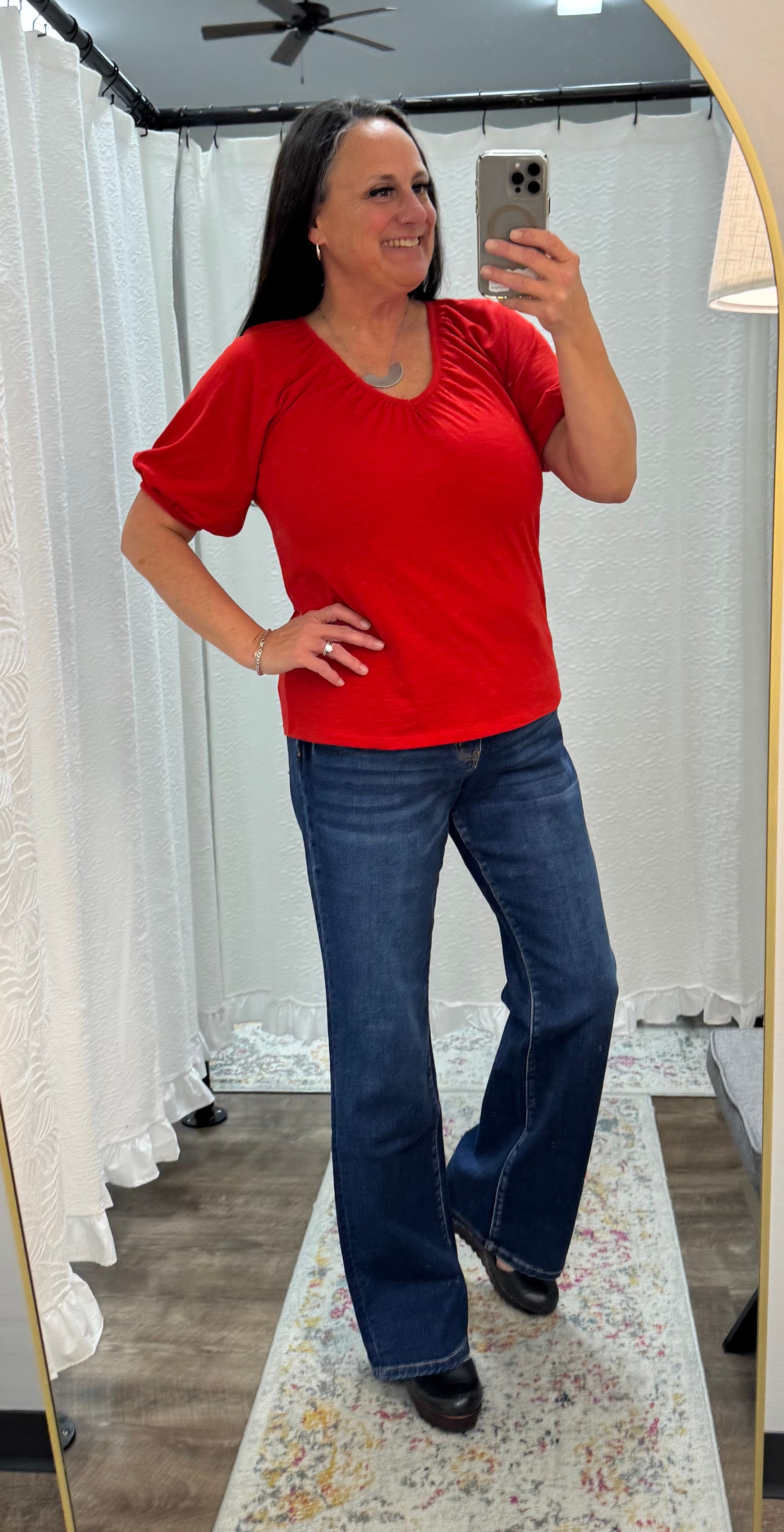 Aura Red V-Neck Short Puff Sleeve