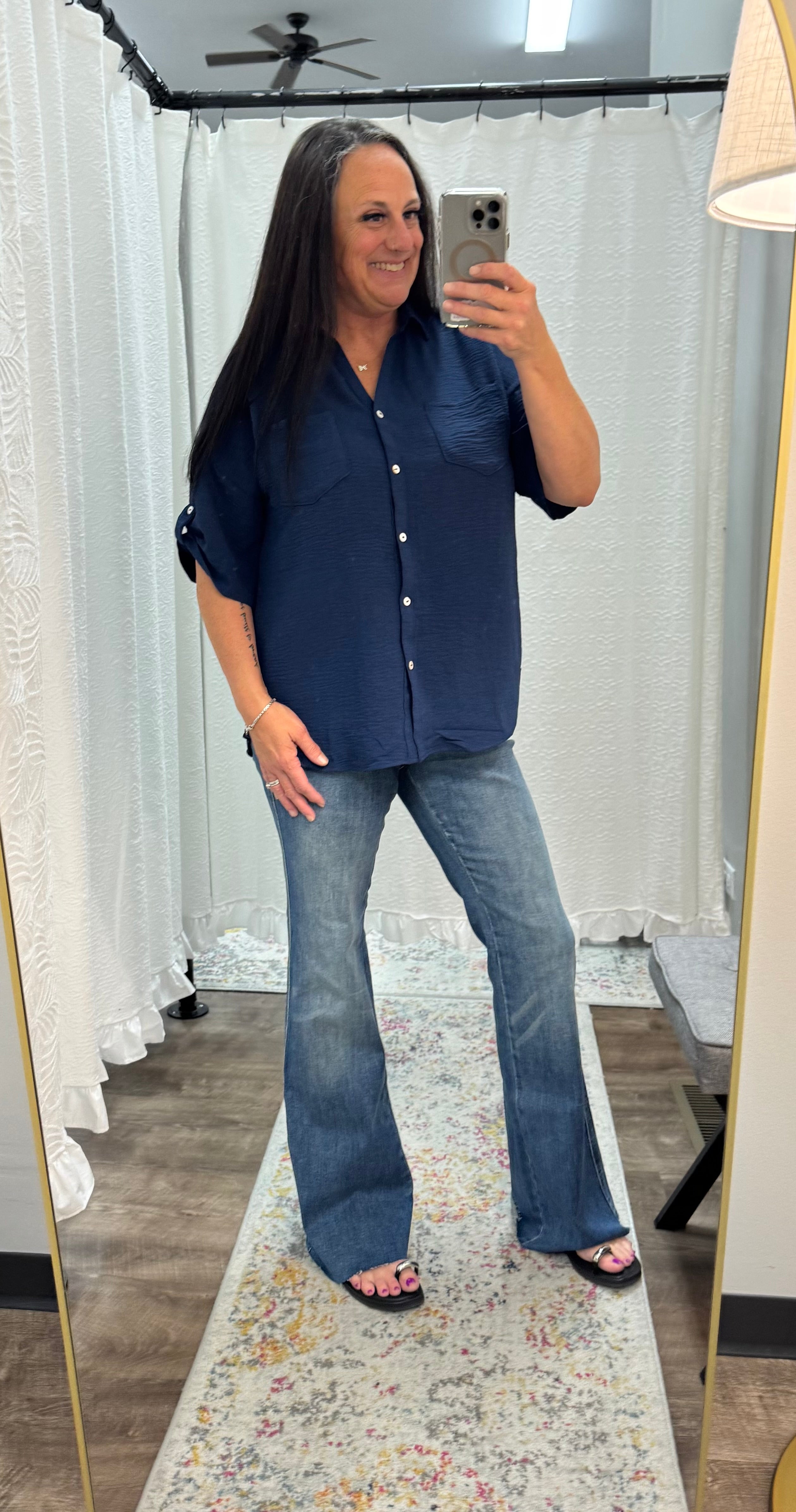 Navy Half Sleeve Collared Button Down Top