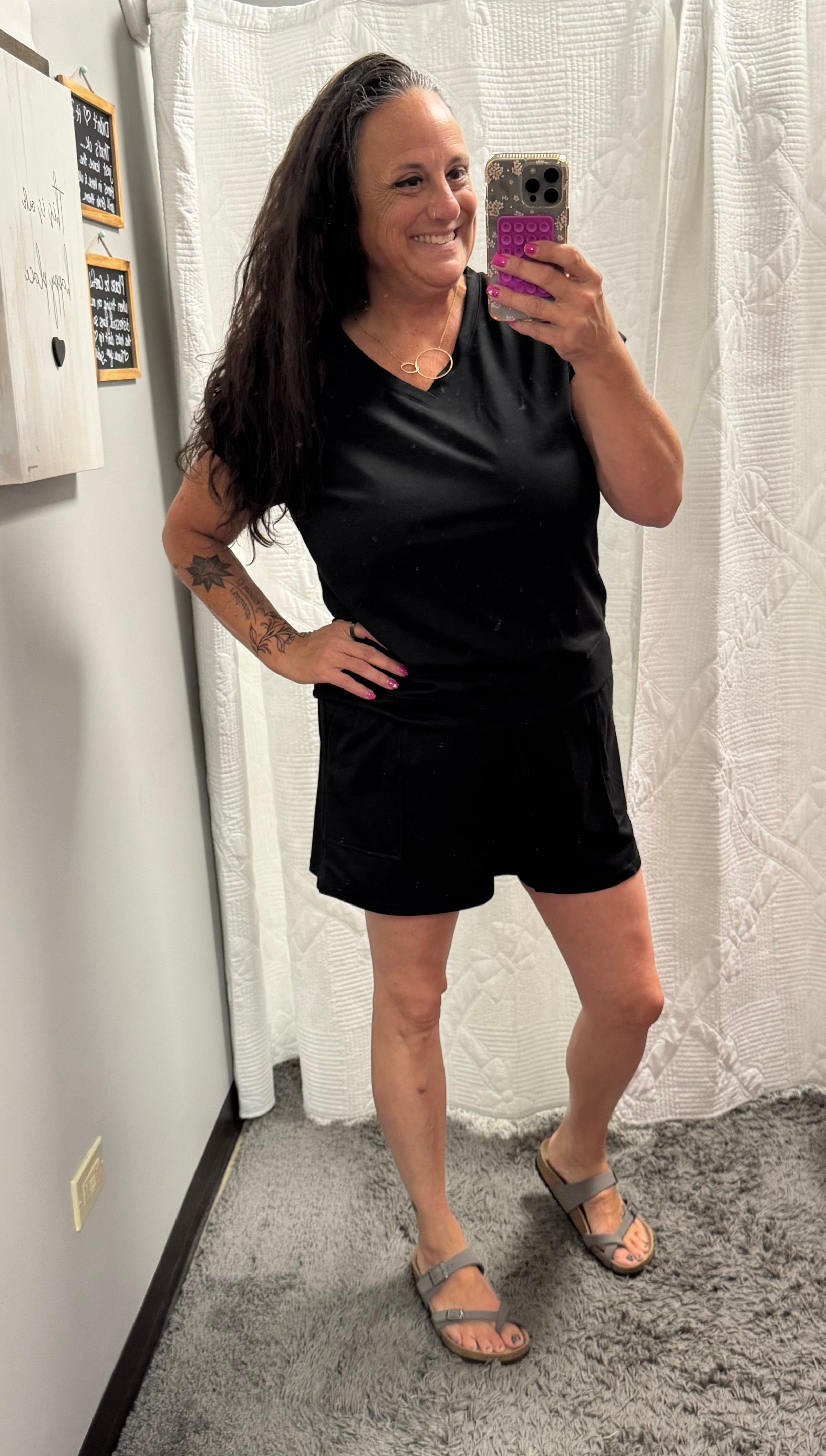 Black V Neck Short Sleeve Top & Drawstring Shorts Set