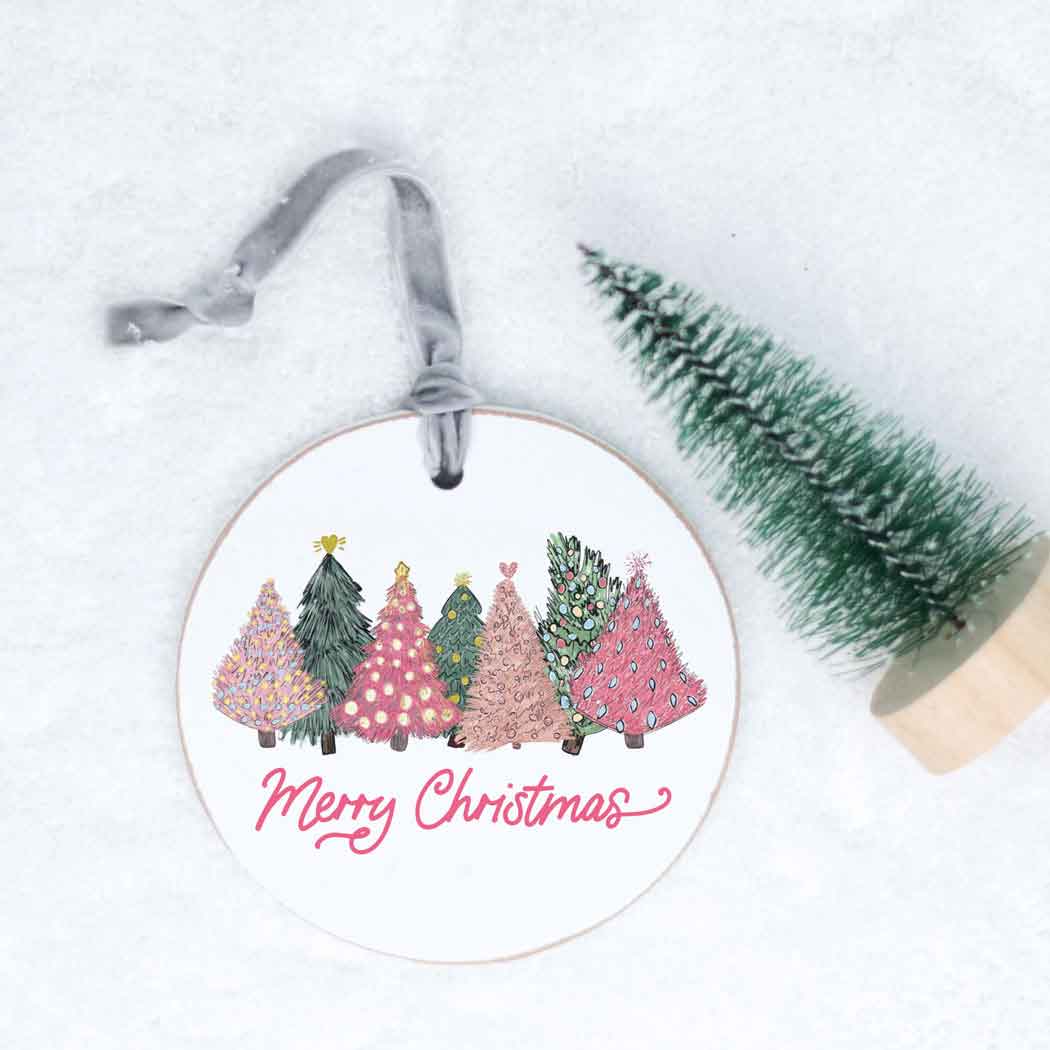 Merry Christmas, Christmas Ornament, Pink Trees, Wooden - Posh West Boutique