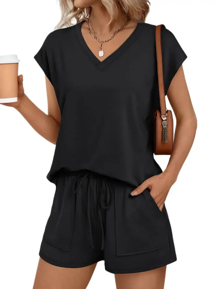 Black V Neck Short Sleeve Top & Drawstring Shorts Set