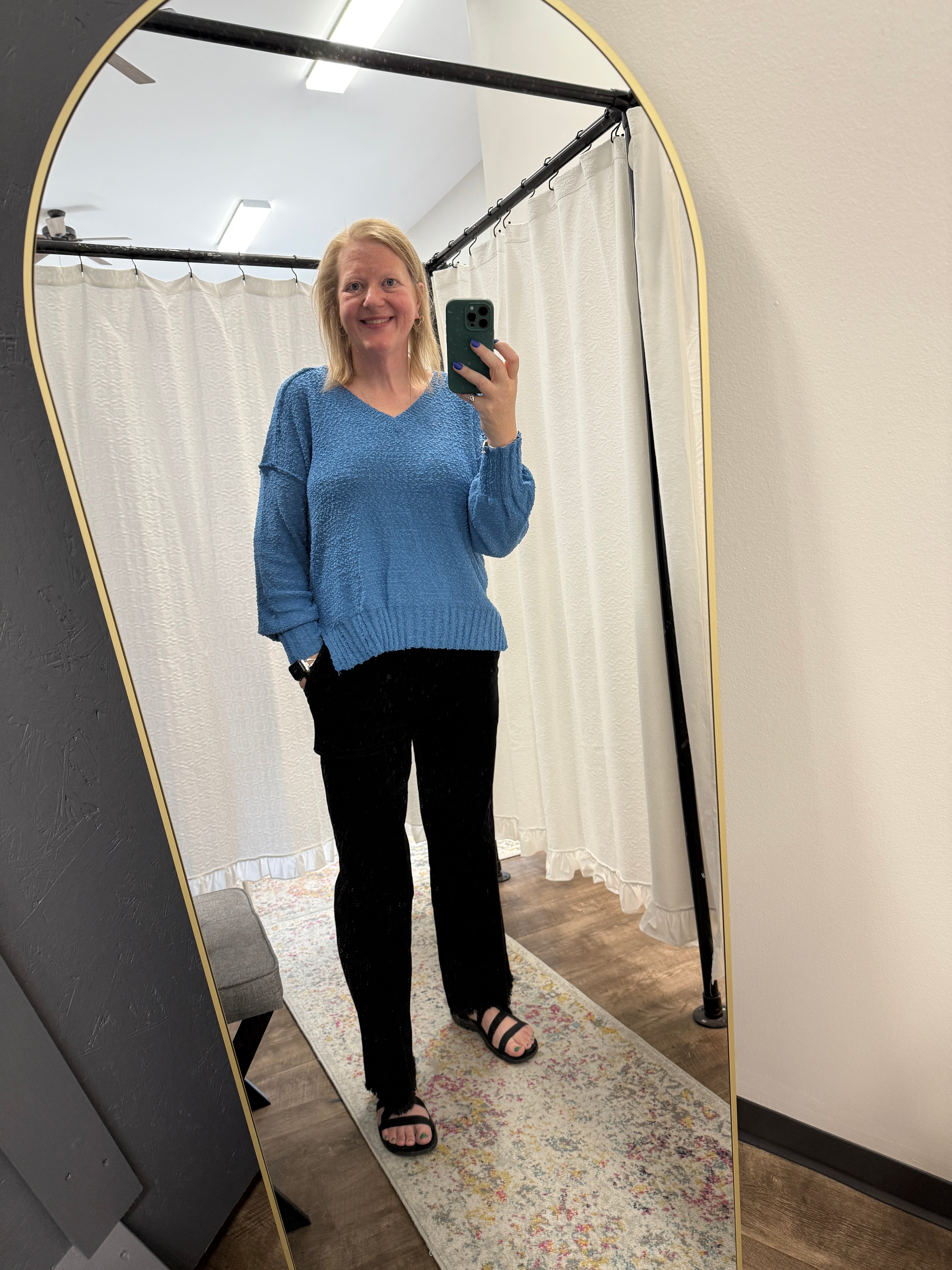 Dusty Blue Solid V-Neck Long Sleeve Sweater