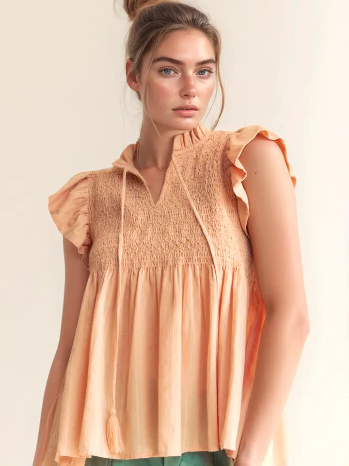Peach Jacquard Stripe Multi-Smocked Flutter Sleeve Top - Posh West Boutique