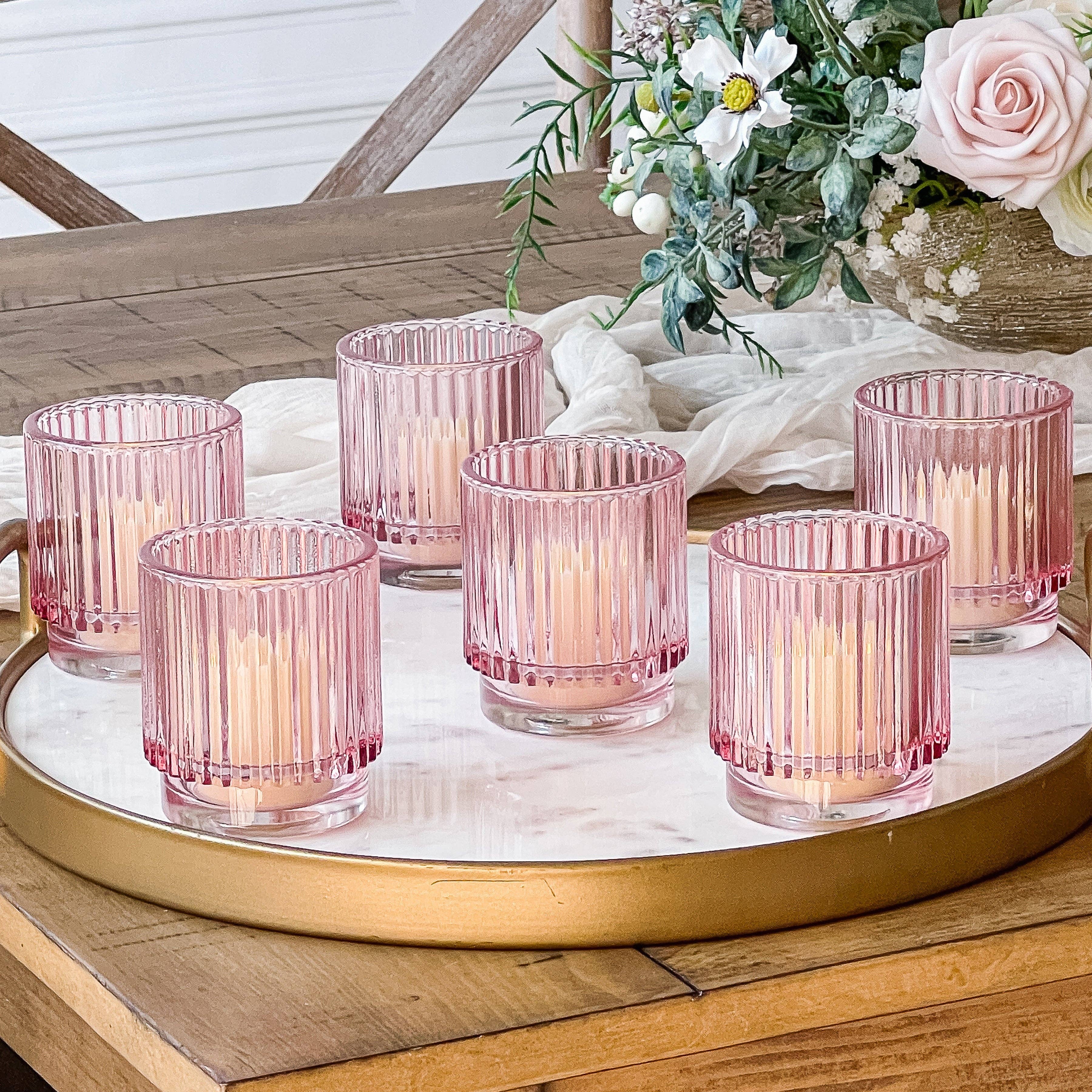 Ribbed Pink Glass Votive Candle Holder - Posh West Boutique