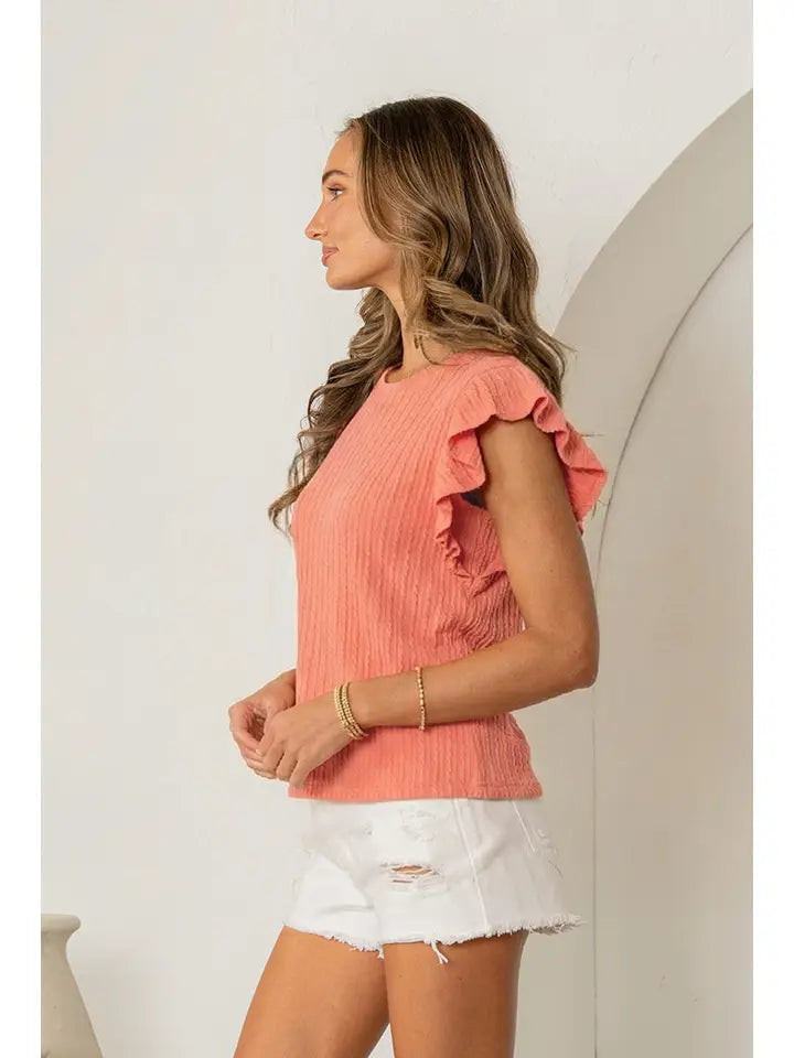 Coral Ribbed Ruffle Sleeve Knit Top - Posh West Boutique