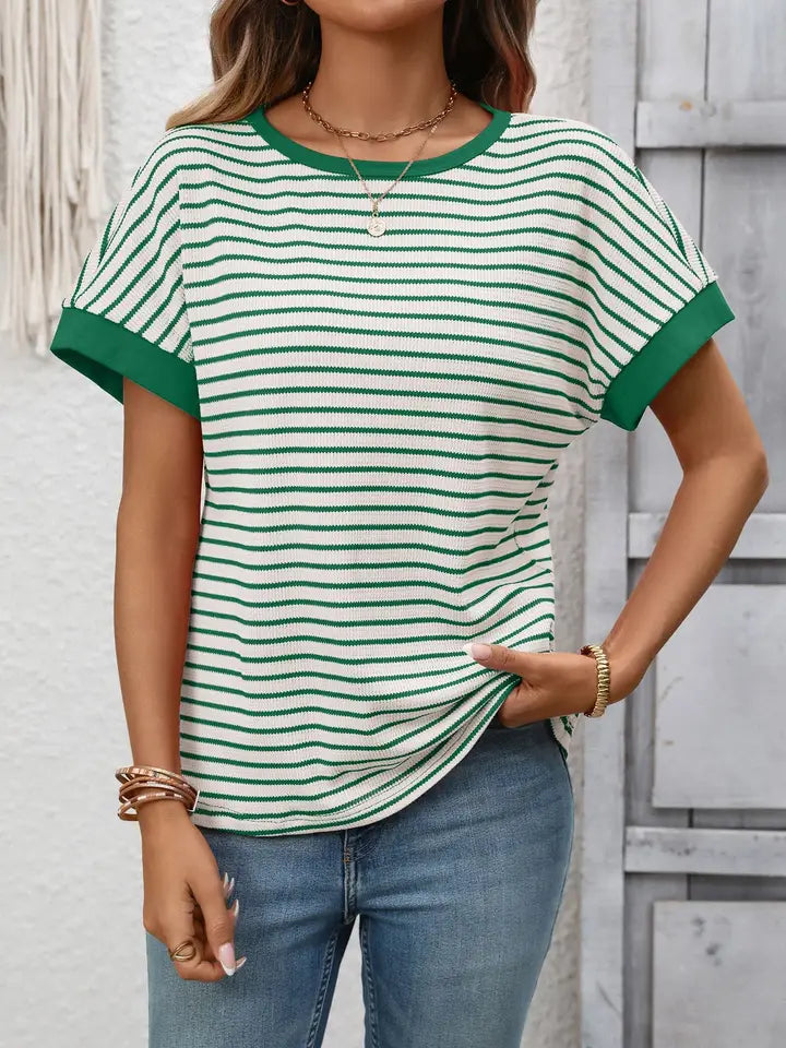 Green Striped Knit Tee Casual Oversized Top