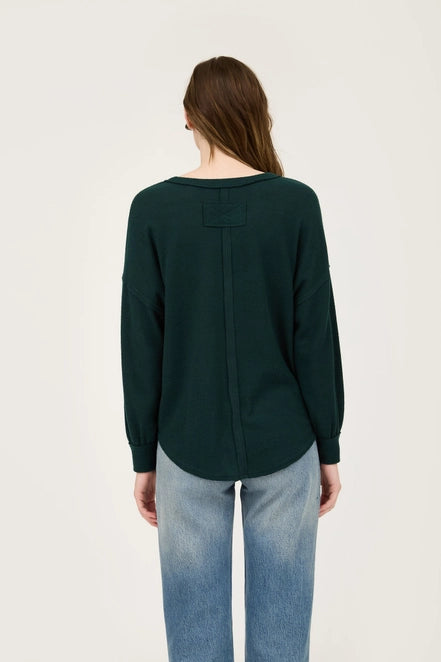 Hunter Green Half Button Up V Neck Top - Posh West Boutique