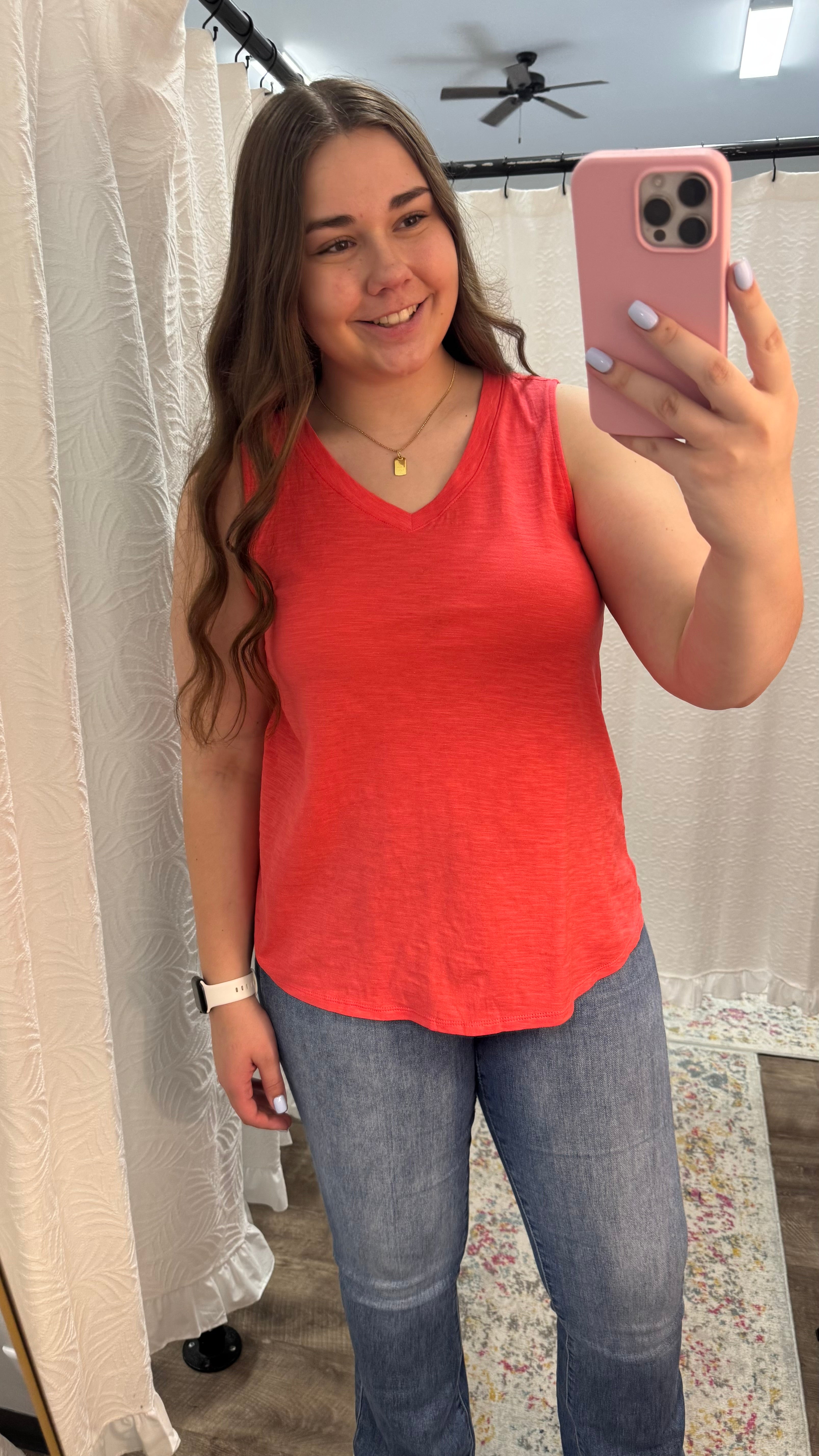 Hot Coral V Neck Cotton Tank Top - Posh West Boutique