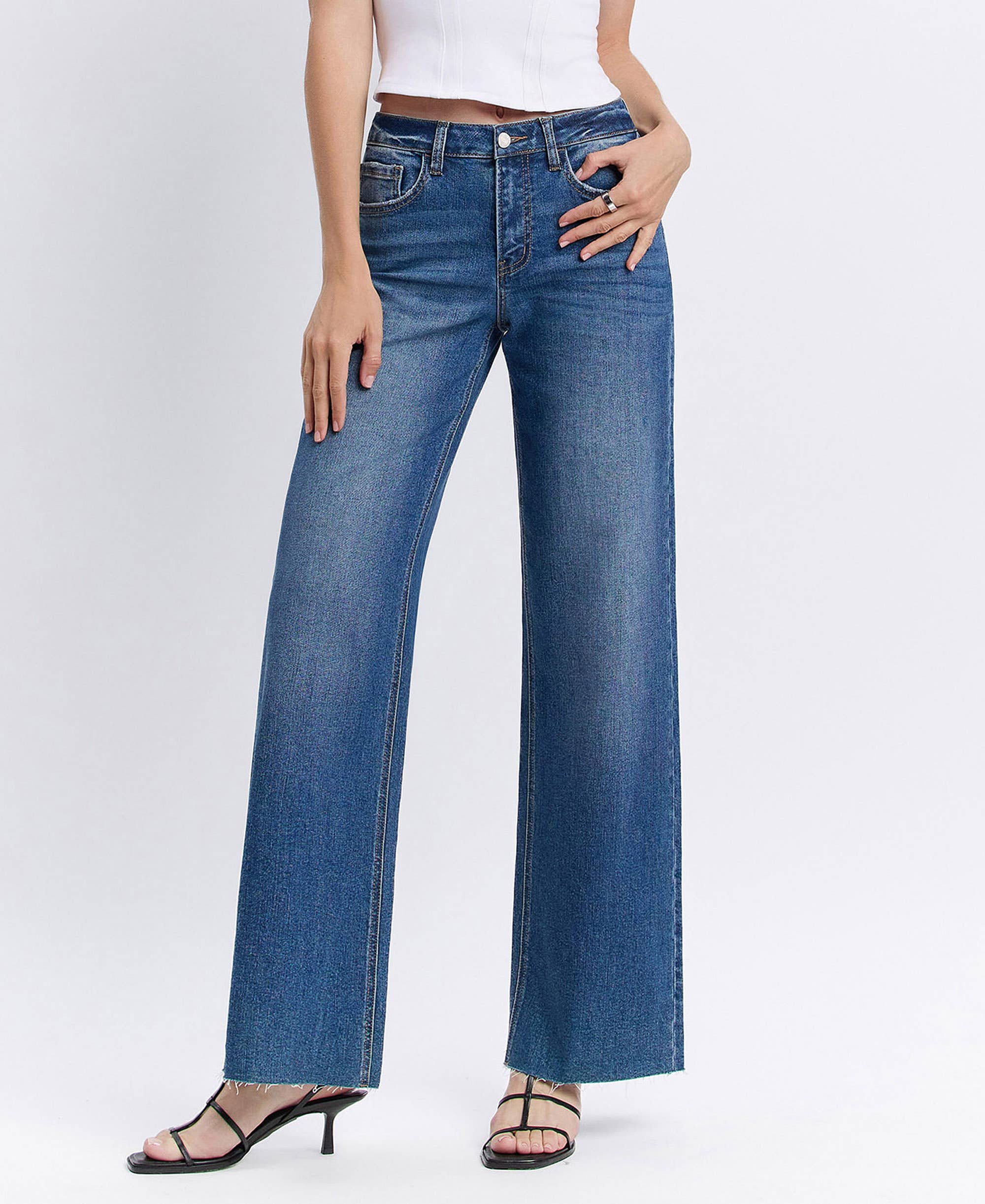 Vervet Wide Leg High Rise Clean Cut Raw Hem Jeans