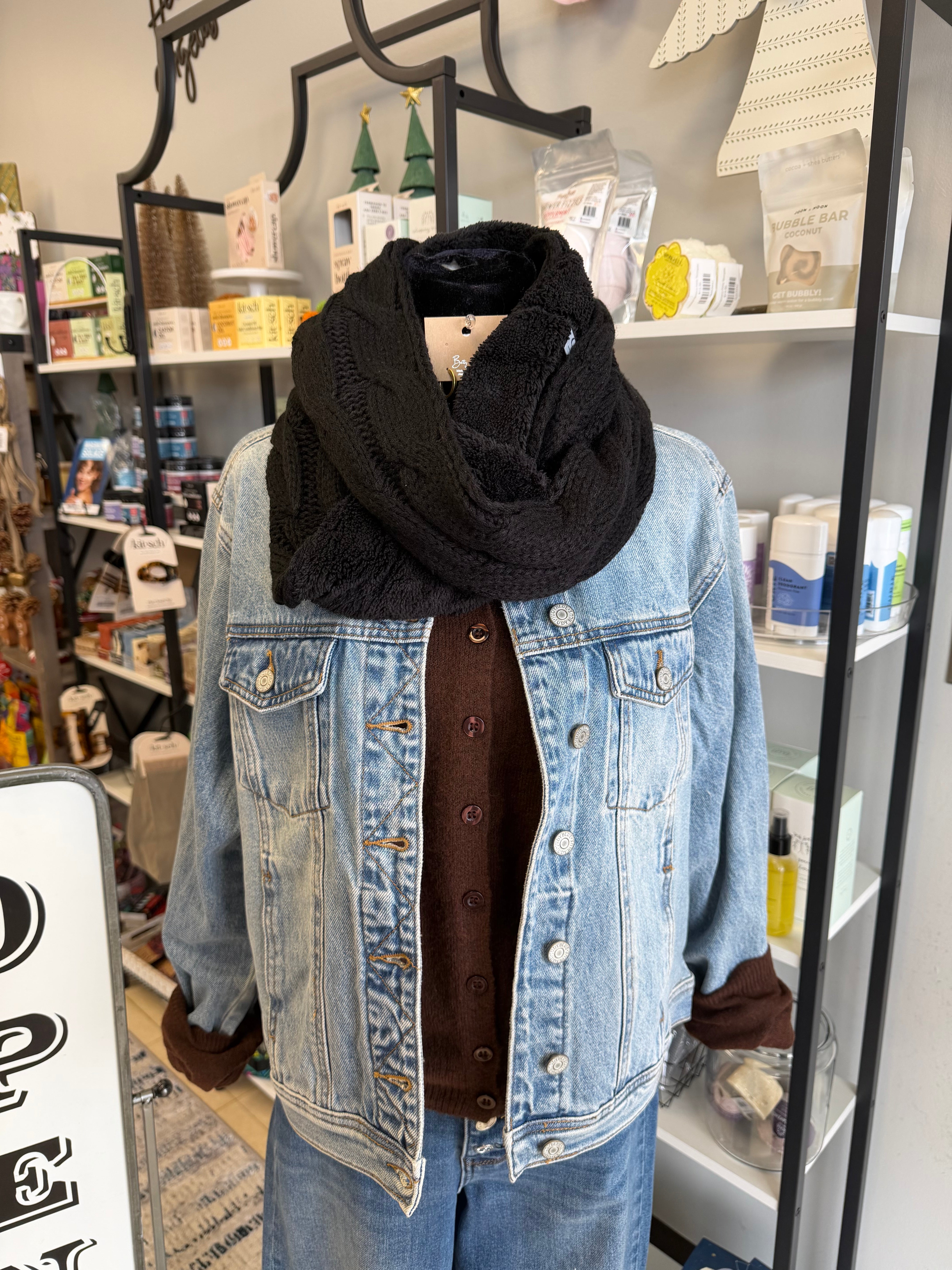 Fuzzy Lined Solid Cable Knit CC Infinity Scarf - Posh West Boutique