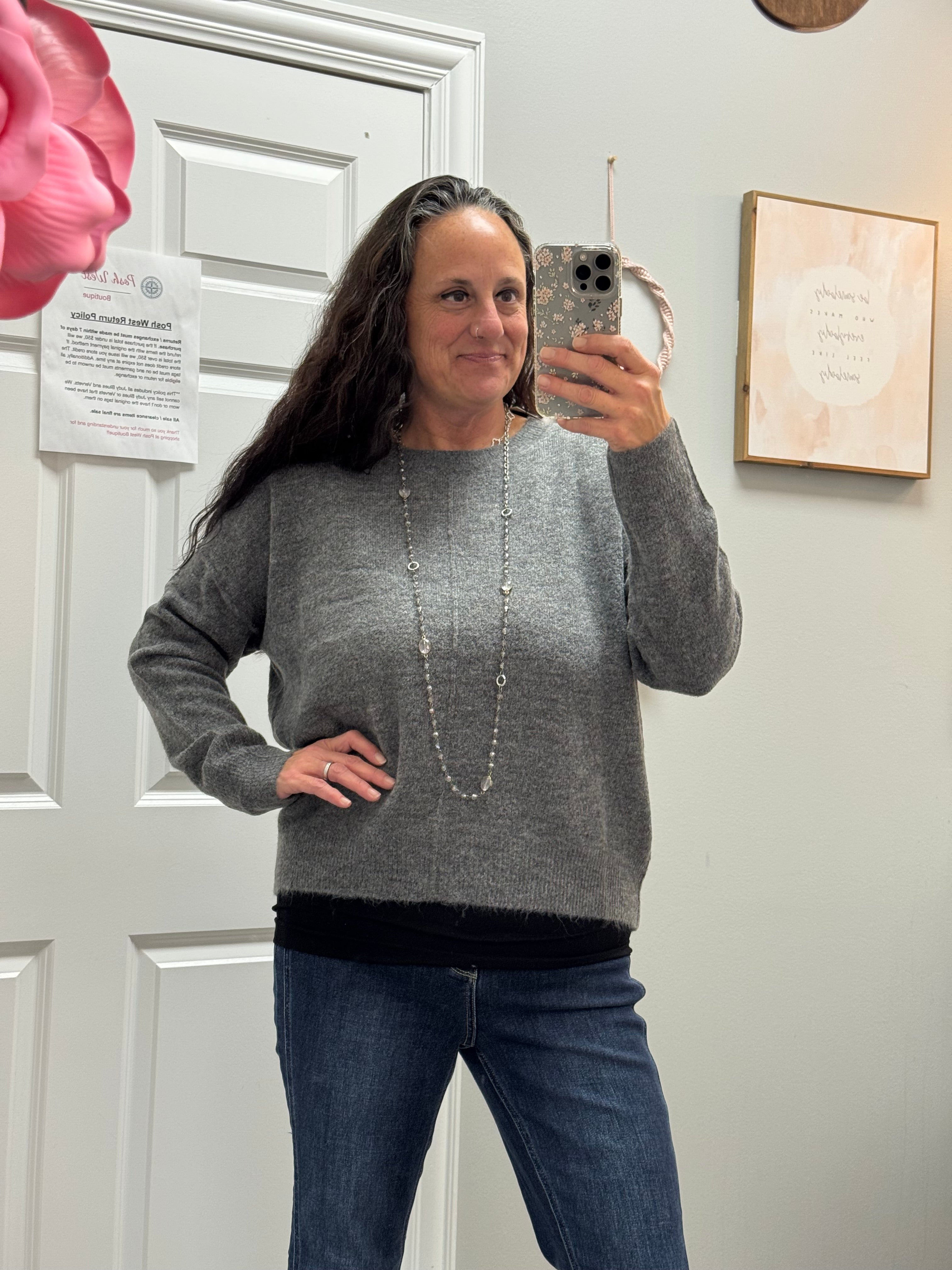 Dark Grey Crewneck Front Seam Sweater