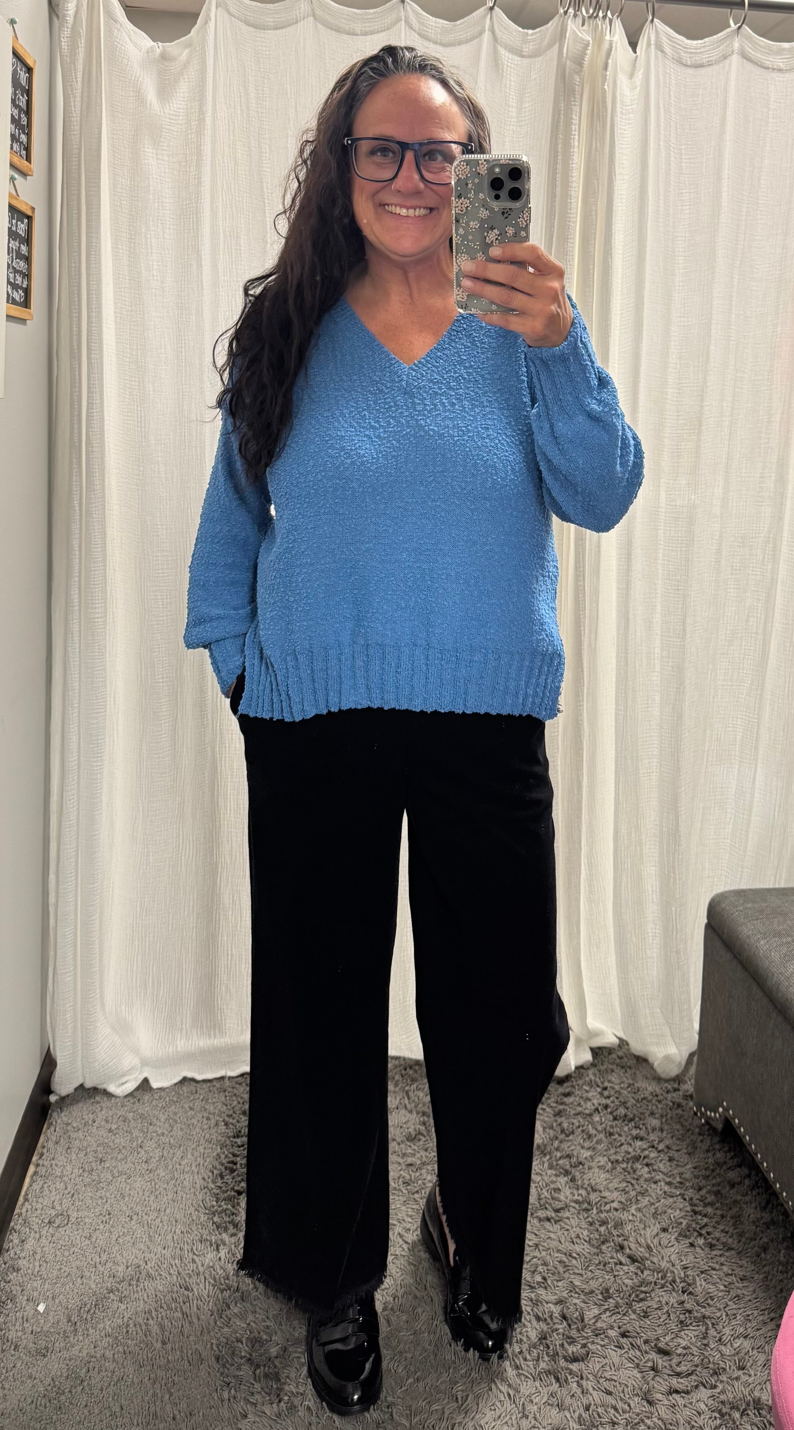 Dusty Blue Solid V-Neck Long Sleeve Sweater