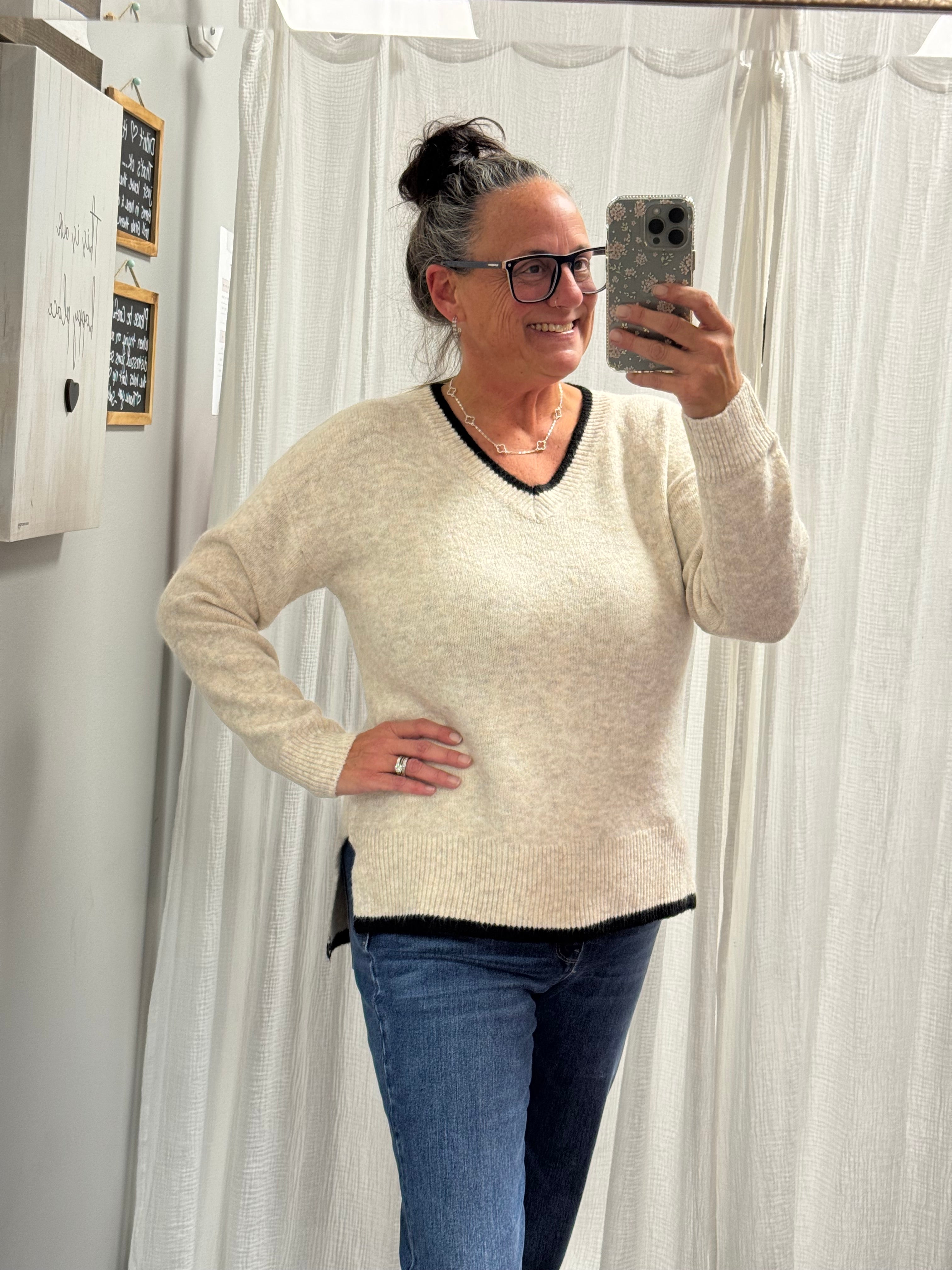 Oatmeal V Neck Hem Sweater w/ Black Trim