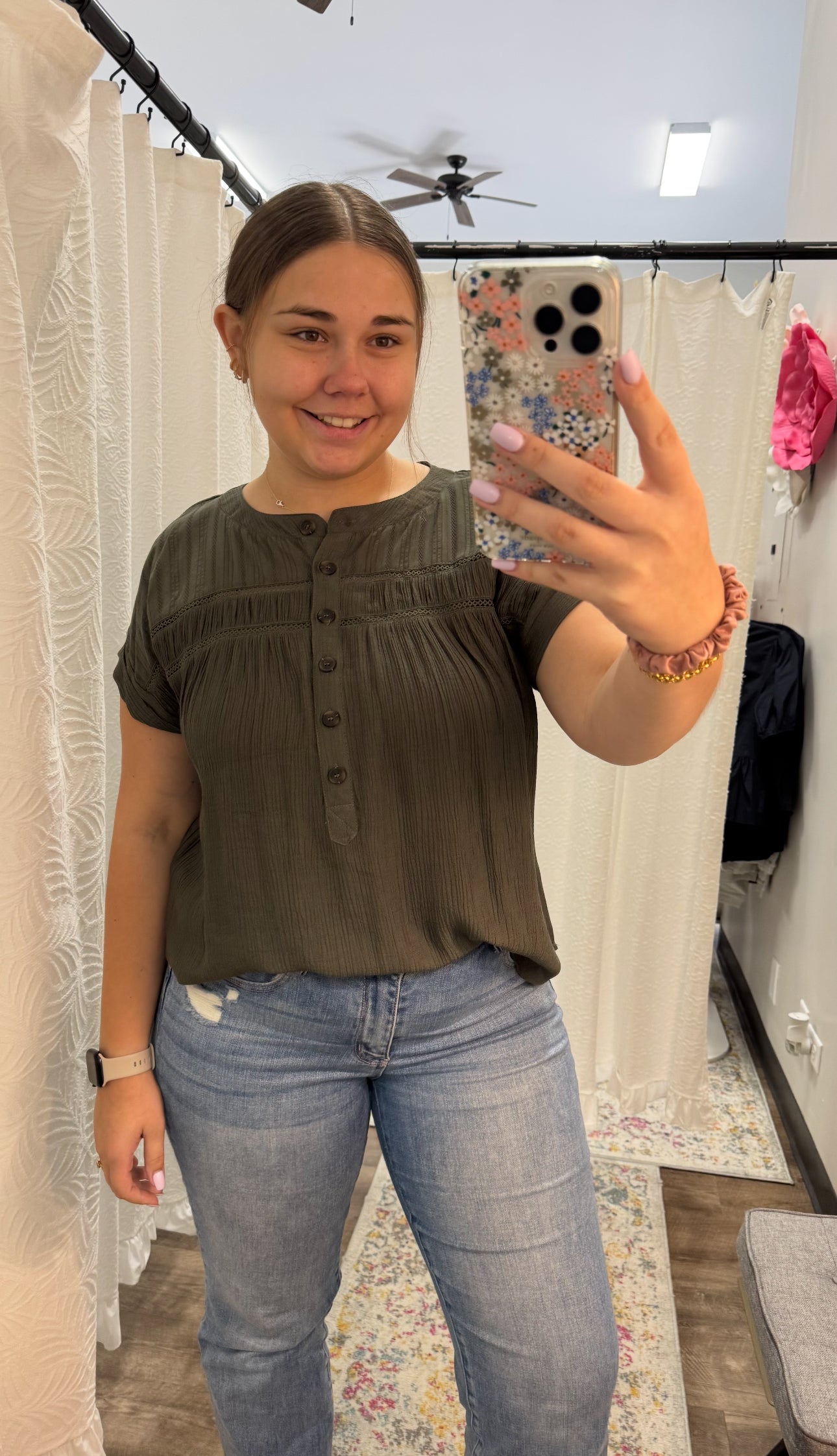 Olive Eyelet Trim Half Button Short Sleeve Top - Posh West Boutique
