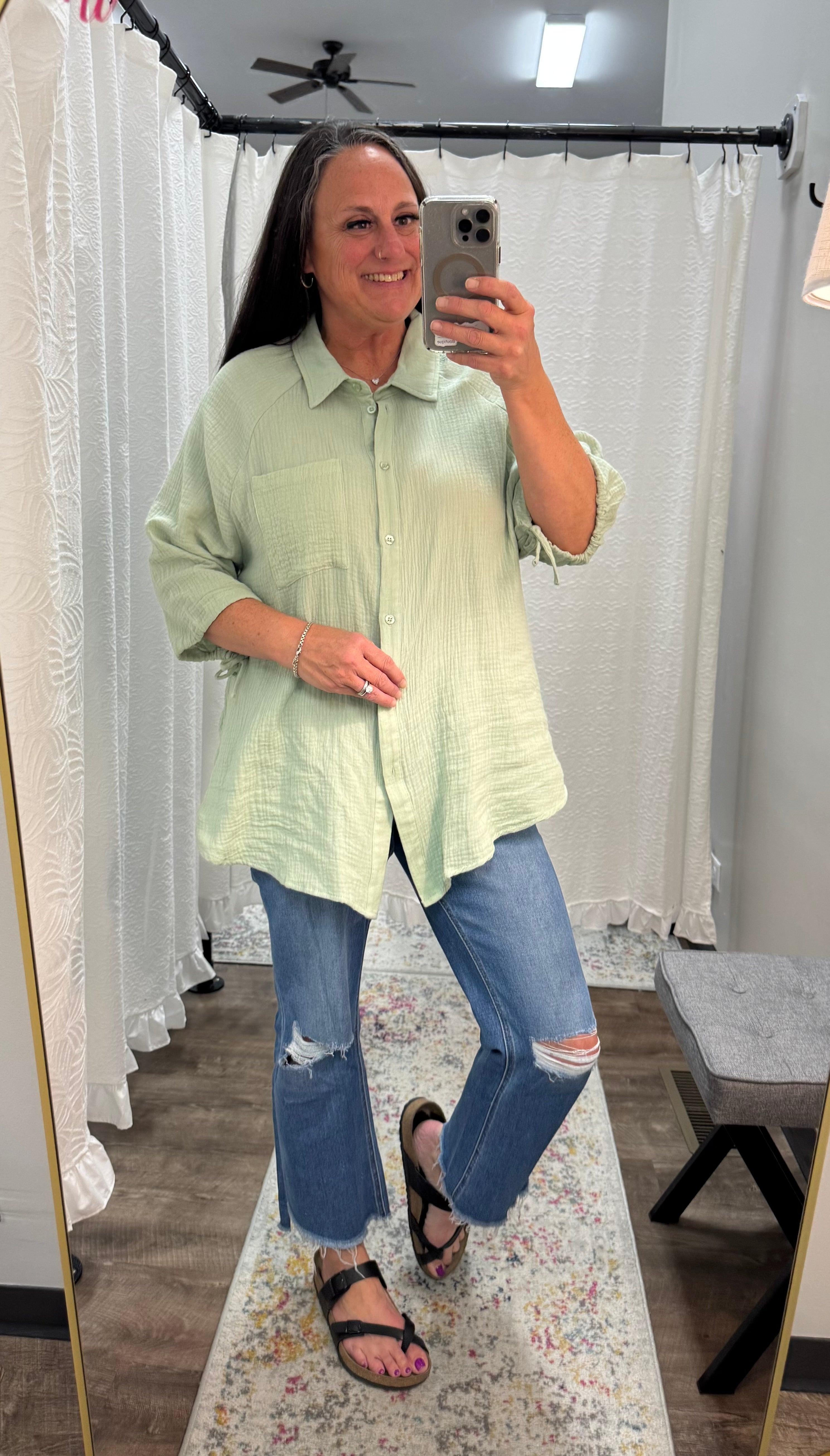 Mint Crinkle Texture Tie Sleeve Button Top - Posh West Boutique